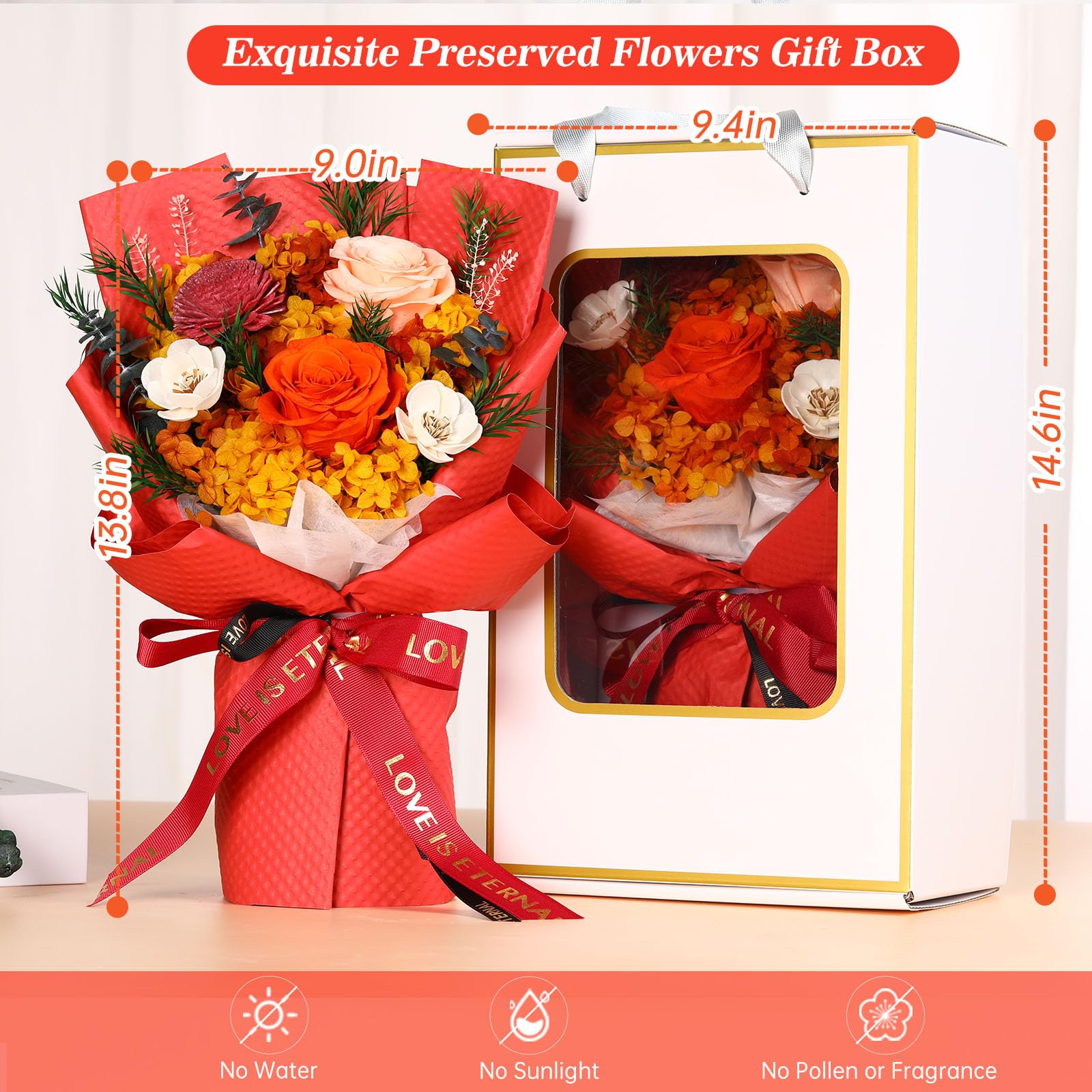 Preserved Orange Roses Bouquet - Long Lasting Flower Gift for Women, Mom, Grandma, Wife & Friends | Perfect for Anniversary, Birthday & Special Occasions | Handcrafted Floral Arrangement for Home Decor, Wedding Centerpiece & Romantic Surprise Delivery