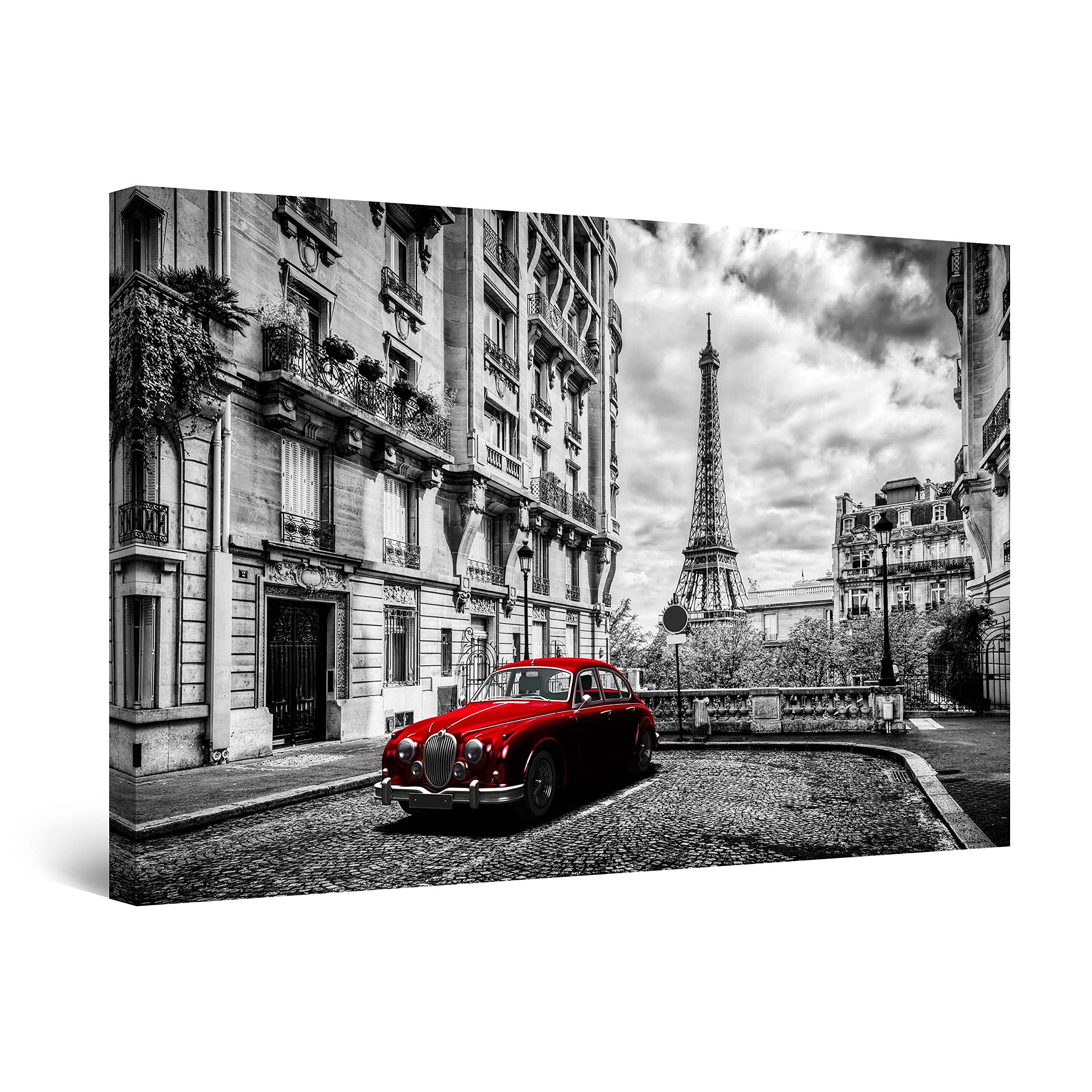 Startonight Black & White Abstract Red Car in Paris Canvas Wall Art - 32x48 Inch Framed Modern Home Decor with Vivid Color Print, Perfect for Living Room, Bedroom & Office - Unique Gift Idea for Art Lovers & Interior Design Enthusiasts