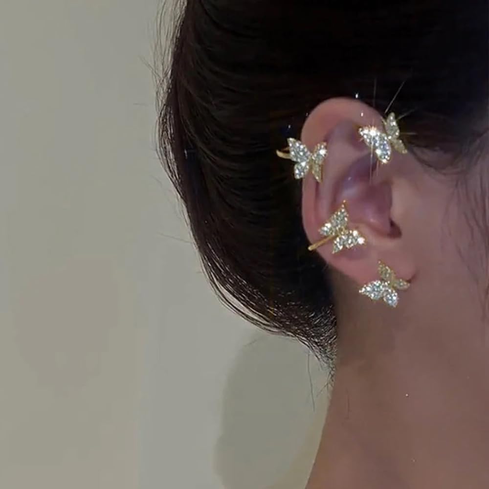 2 Pcs Zircon Butterfly Clip-On Ear Cuffs - No Piercing Rhinestone Ear Wraps for Women & Teens | Stylish Fairy Earrings for Parties, Weddings & Everyday Wear