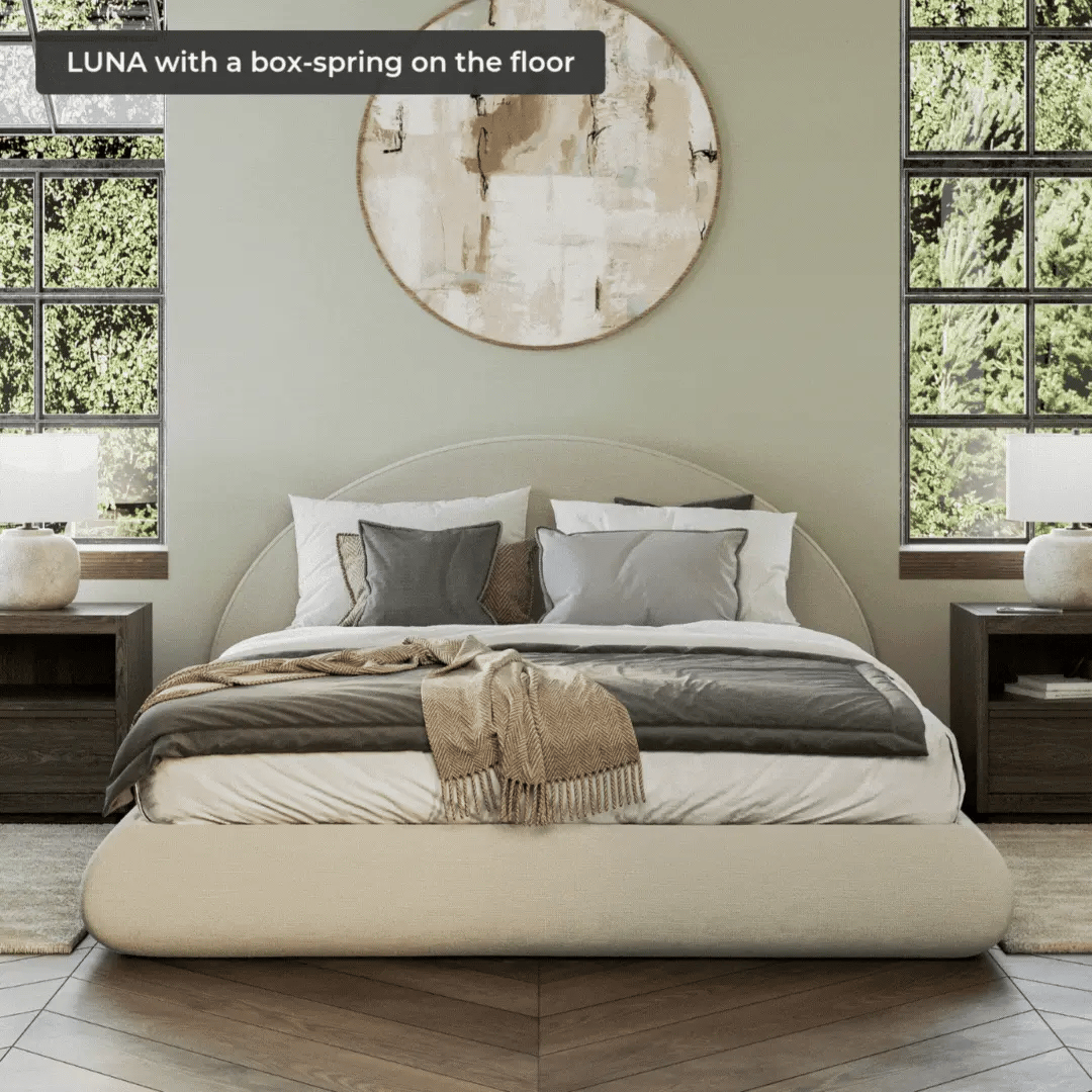 Luna Queen Size Bed Frame with Upholstered Headboard - Modern Platform Bed for Bedroom, Guest Room, or Dorm | Dune Fabric