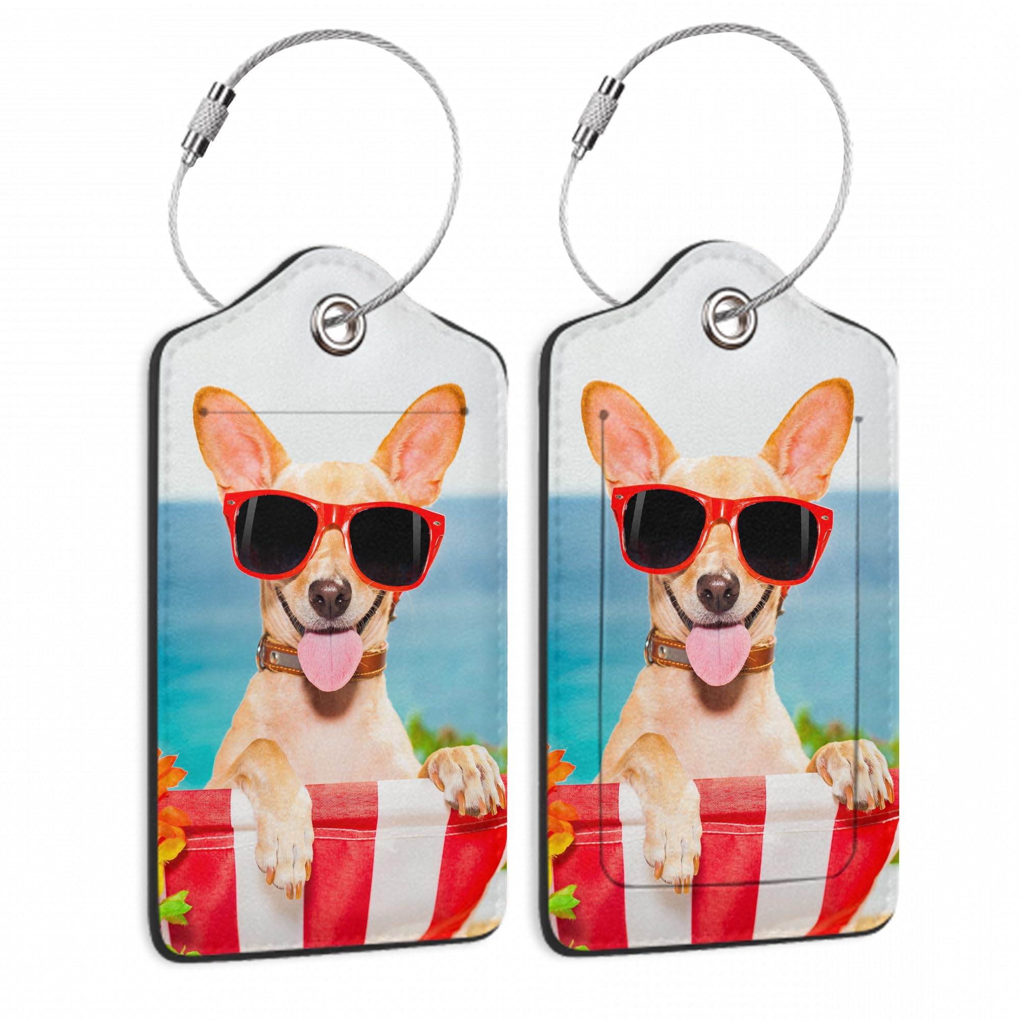Fintie 2-Pack Chihuahua Dog Beach Luggage Tags with Privacy Cover, Stainless Steel Loop & Address Card - Perfect for Travel Bags, Suitcases & Vacation Accessories