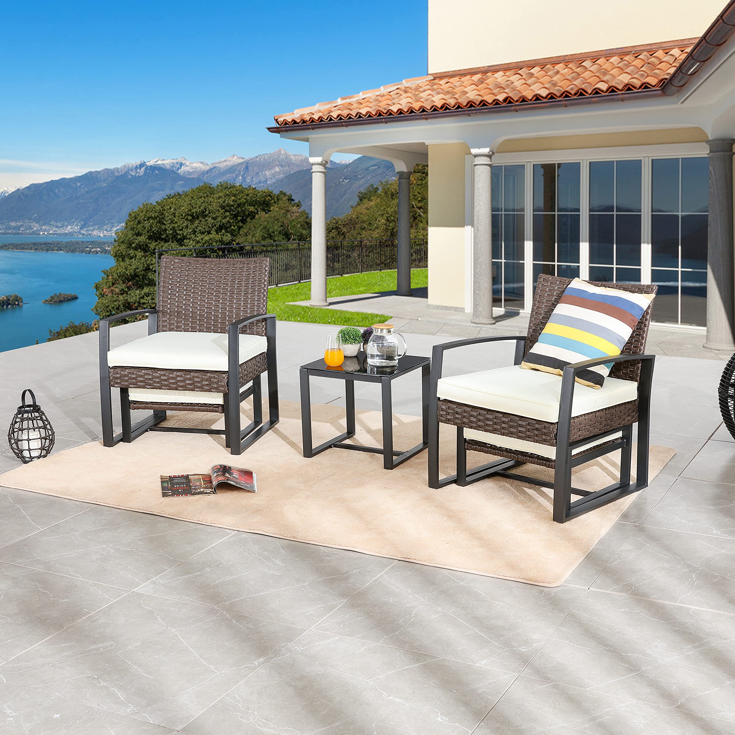 LOKATSE HOME 5-Piece Outdoor Patio Furniture Set - Rattan Wicker Chairs with Cushions, Ottoman & Coffee Table - Beige Conversation Set for Garden, Poolside, Deck, Porch | Perfect for Relaxing & Entertaining Outdoors
