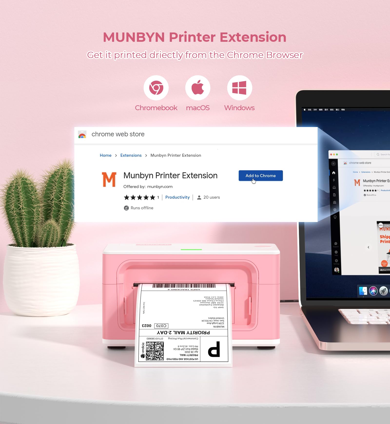MUNBYN 4x6 USB Thermal Shipping Label Printer for Home & Small Business - Compatible with Canada Post, Purolator, UPS, FedEx, DHL (Pink) - Perfect for E-commerce, Online Sellers & Package Shipping