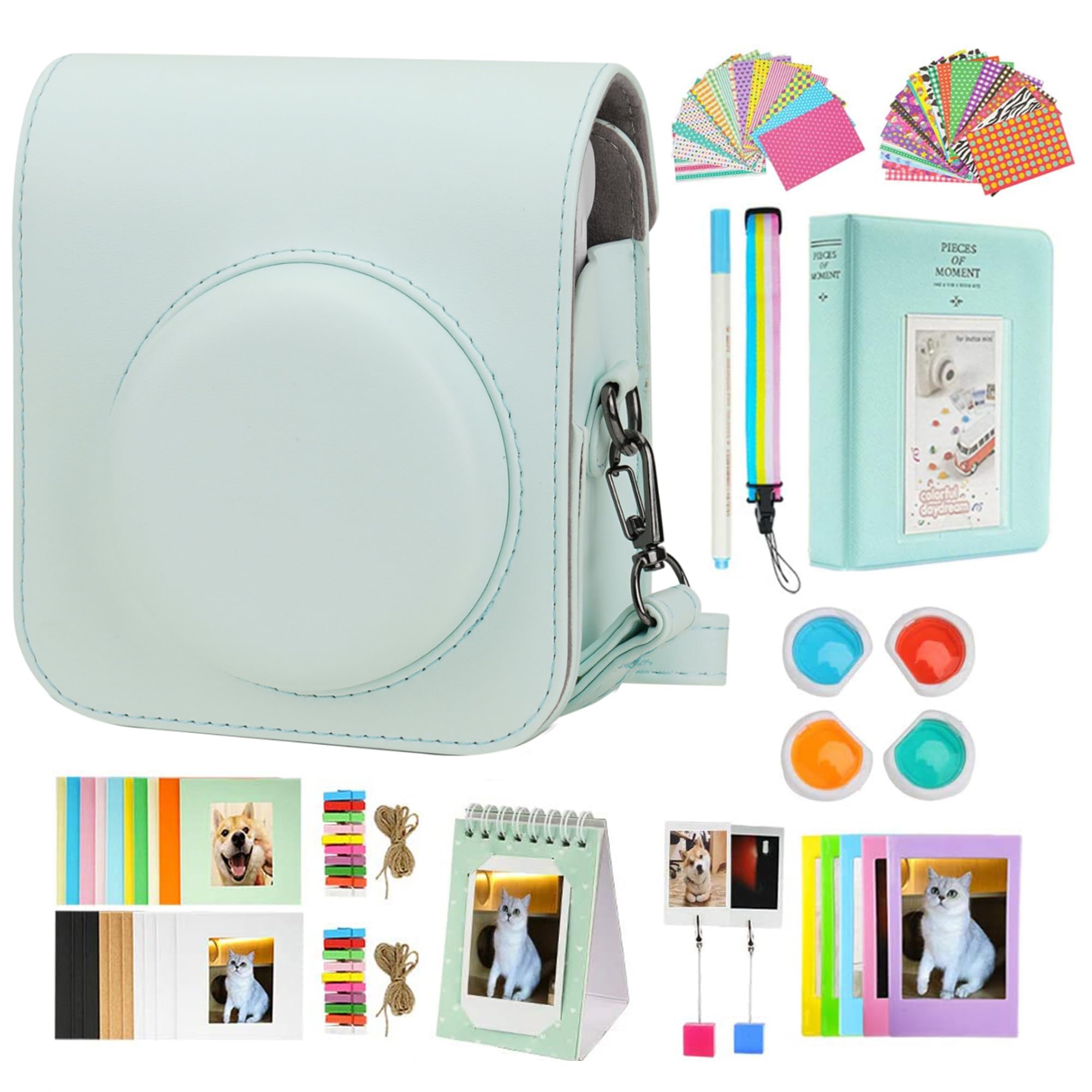 RISOU Mini 12 Camera Accessories Bundle - Compatible with Fujifilm Instax Mini 12 - Includes Camera Case, Photo Album, Lens Filters, Wall Frames, Stickers & Pen (12-in-1 Green Kit) - Perfect for Travel, Parties & Photo Gifts