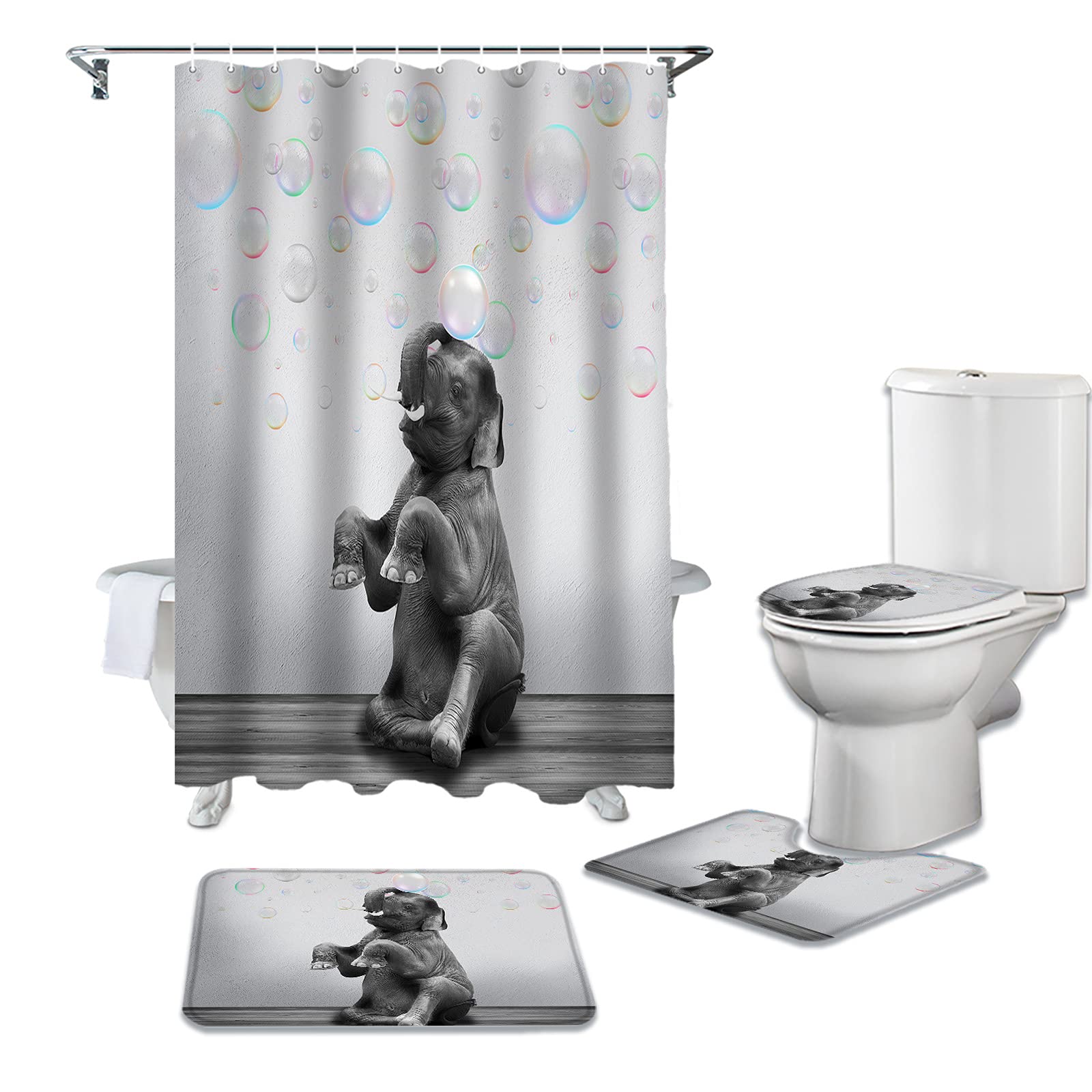 BestLives 4-Piece Shower Curtain Set with Non-Slip Bath Mat & 12 Hooks - Elephant Blowing Bubbles Design, Soft Toilet Lid Cover - Funny Animal Bathroom Decor for Kids & Adults - Perfect for Bathroom, Guest Room & Dorm Decor