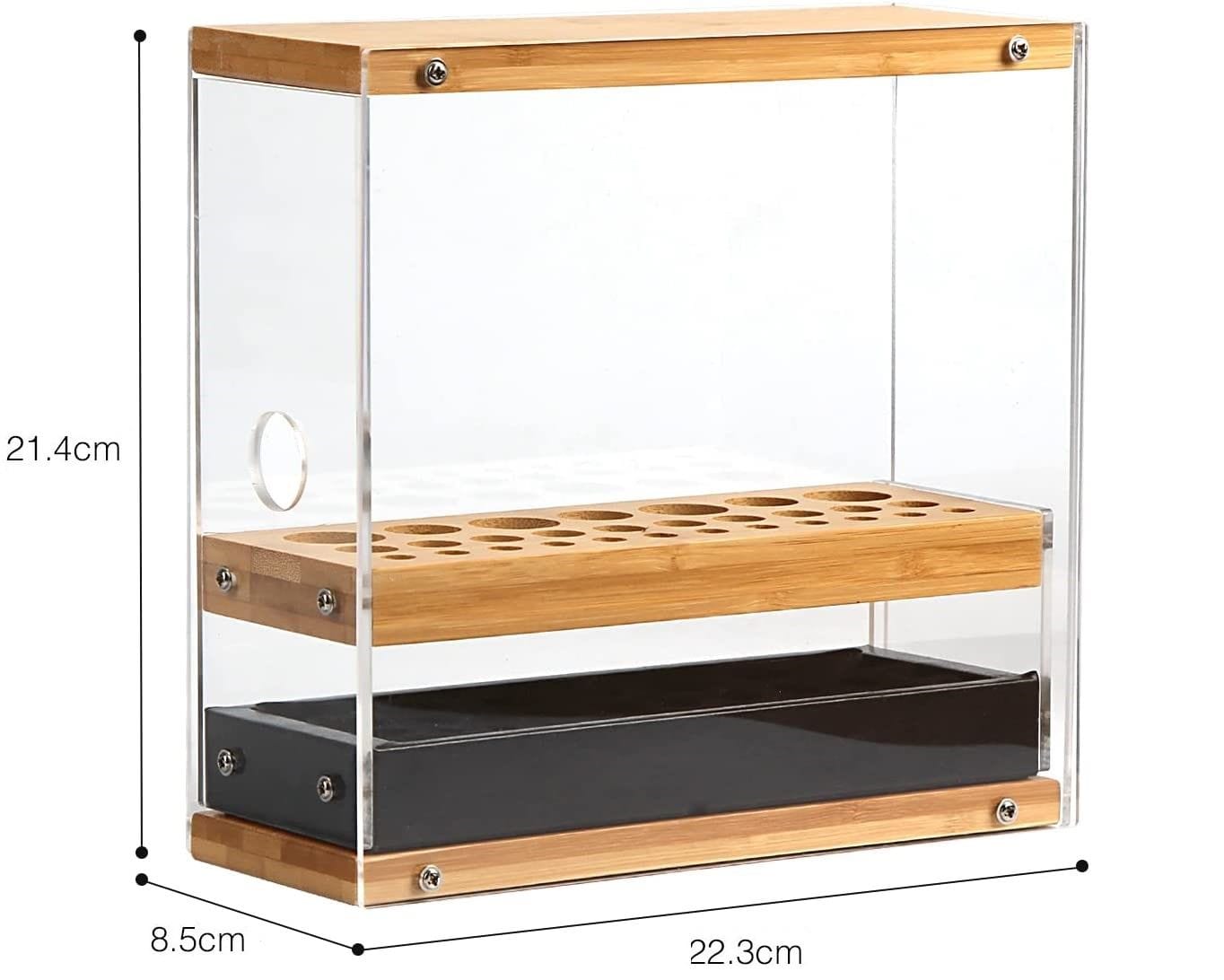 31-Hole Acrylic Bamboo Cosmetic Brush Organizer with Leather Drawer - Black Beauty Display Stand (22.3 x 8.6 x 21.5 cm) - Perfect for Makeup Vanity, Salon & Bathroom Storage