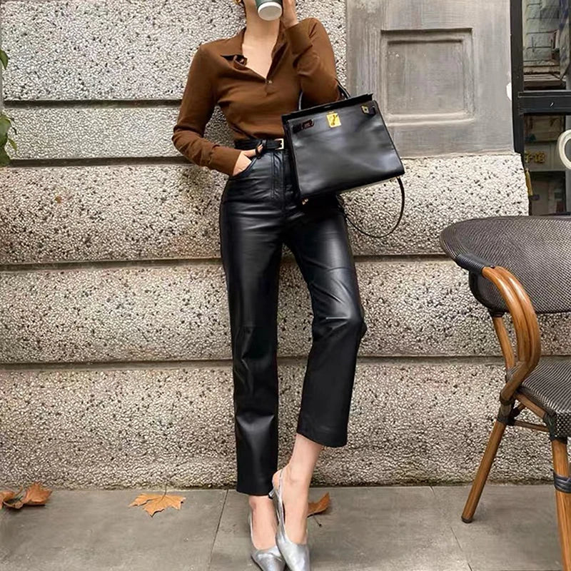 Genuine Leather Pants for Women - High Waist Slim Fit Pencil Pants, Ankle Length Sheepskin Trousers for Autumn Winter 2023 | Office Wear, Casual Outfits & Night Out Fashion