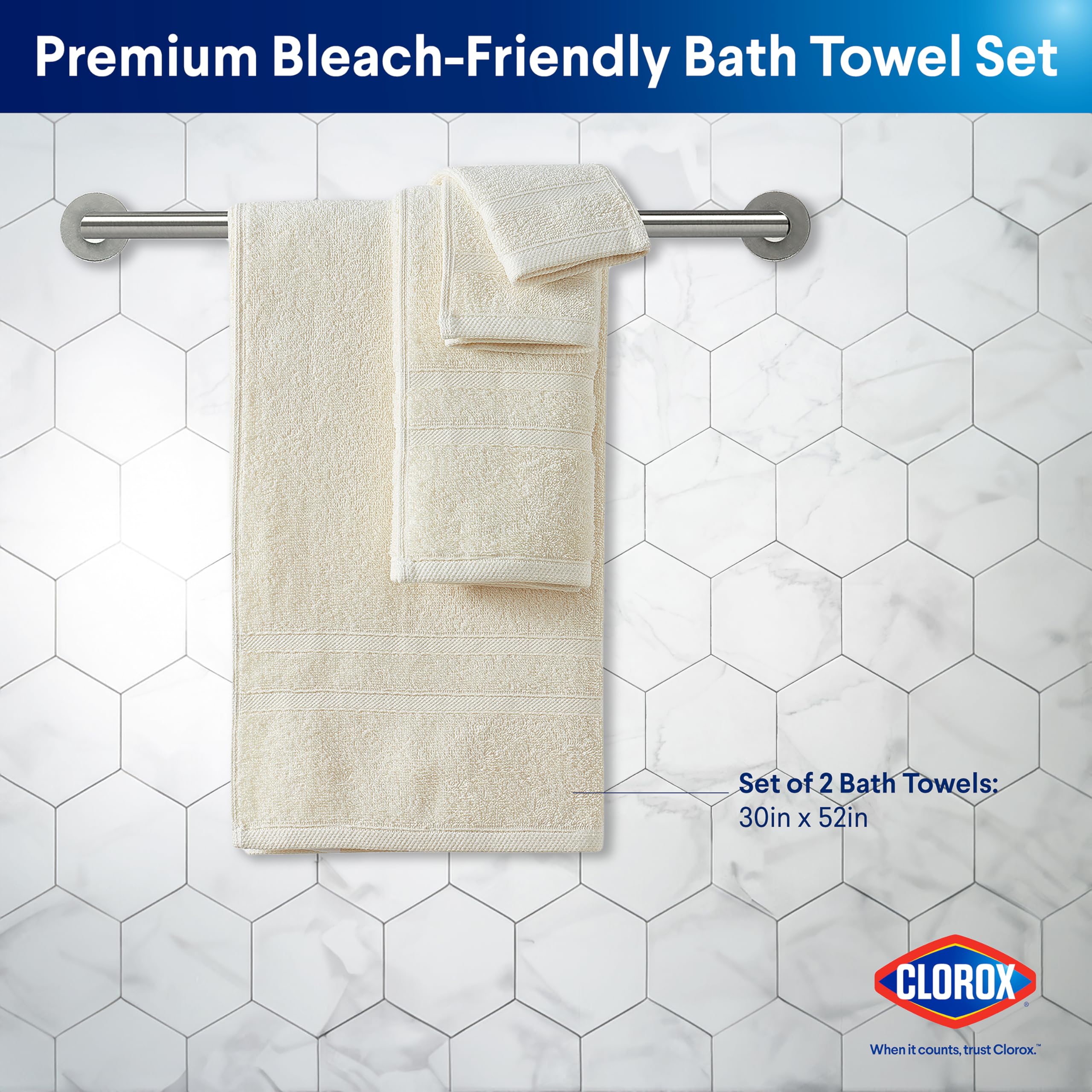 CLOROX Bleach-Friendly Quick Dry 100% Cotton Bath Towels 30x52 Inches - Super Absorbent Soft Lightweight Towels for Bathroom, Gym & Travel - Easy Care Washable (2-Pack, Ivory)