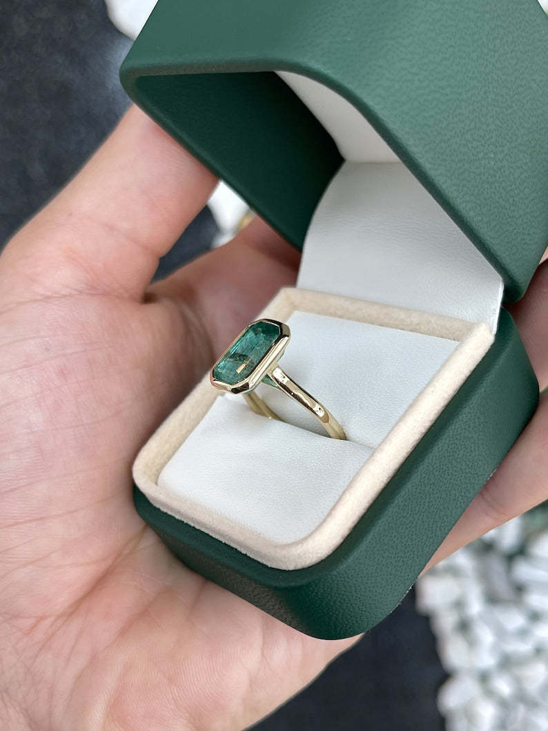 4.76 Carat Bluish Green Elongated Emerald Bezel Stackable Solitaire Ring 14K Gold - Elegant Wedding Band, Anniversary Gift, Stackable Jewelry for Women