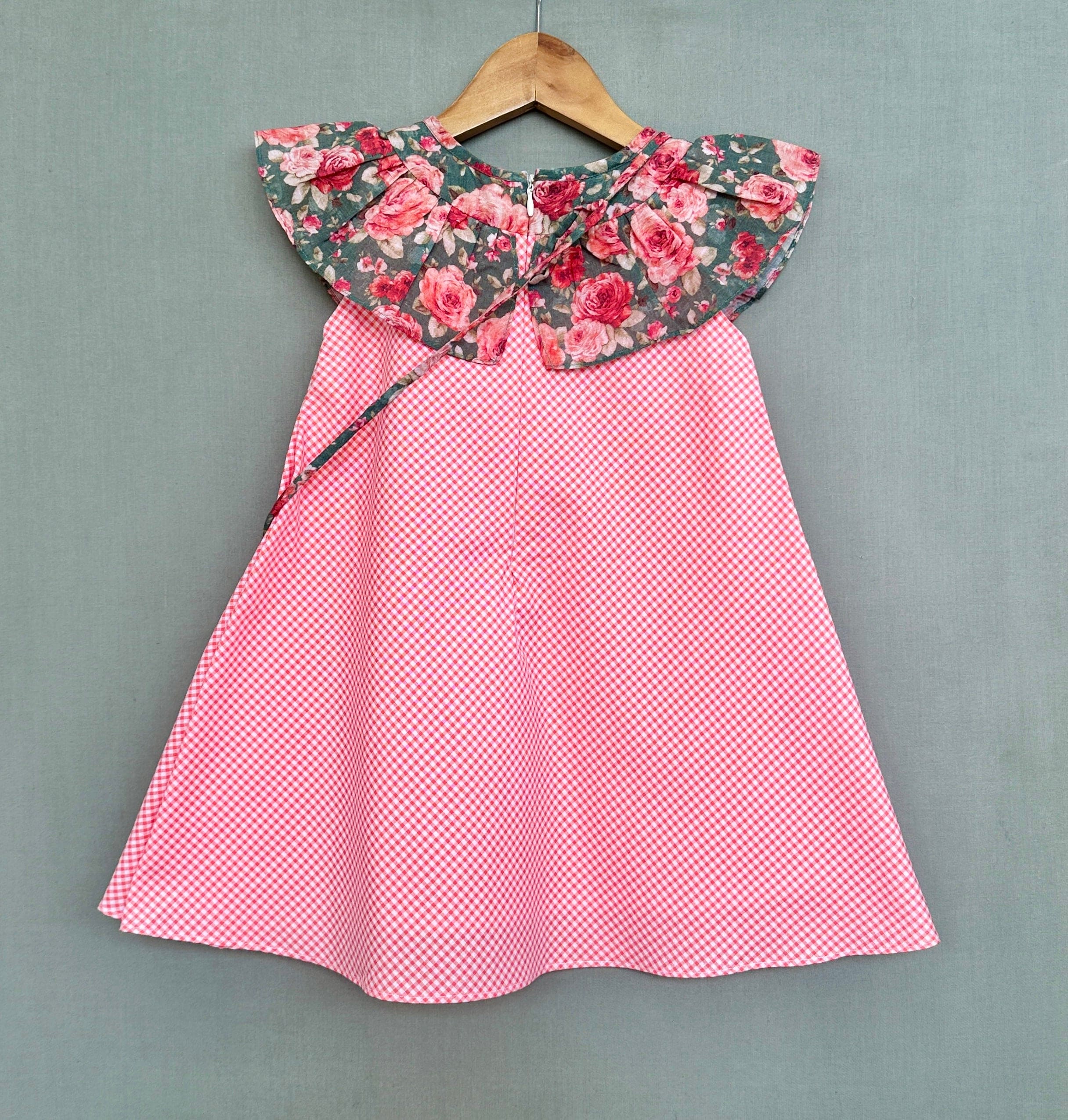 Pre Order: Stylish Gingham Check & Floral Print Dress with Matching Handbag - Perfect for Summer Outings, Beach Vacations, and Casual Date Nights