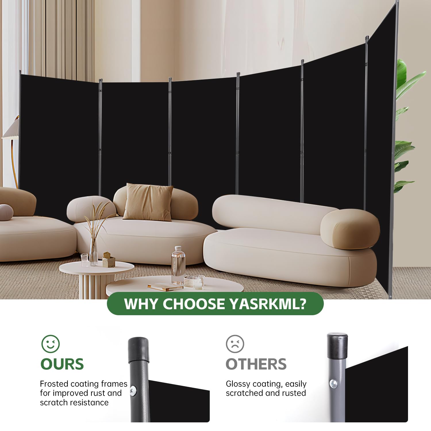 YASRKML 6-Panel Folding Room Divider Screen - Portable Freestanding Privacy Partition for Home & Office - Black Fabric Room Separator for Bedrooms, Living Spaces & Events
