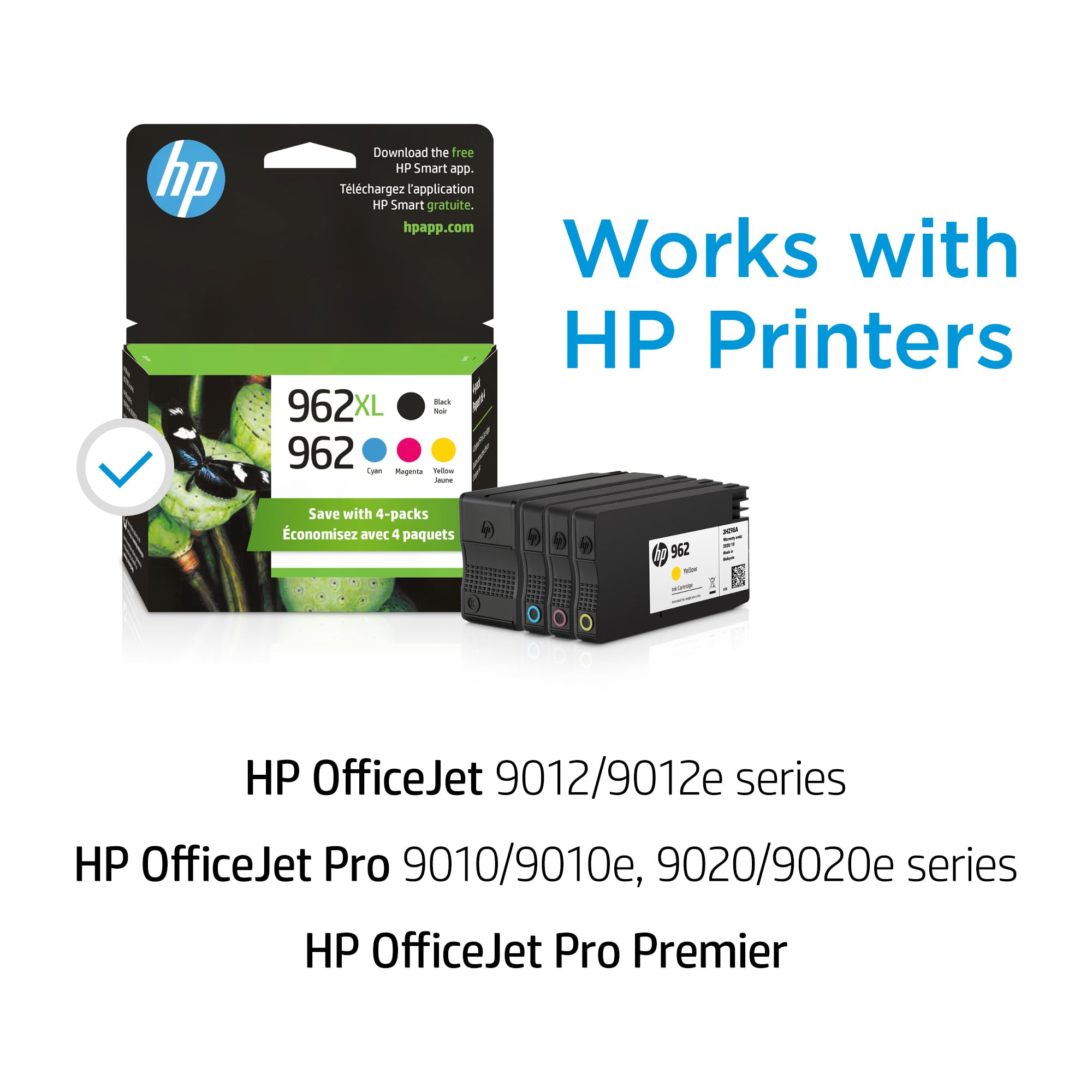 Original HP 962XL Black & 962 Cyan/Magenta/Yellow Ink Cartridge 4-Pack | Compatible with HP OfficeJet Pro 9010/9020 Series | For Home Office Printing, Documents & Photos