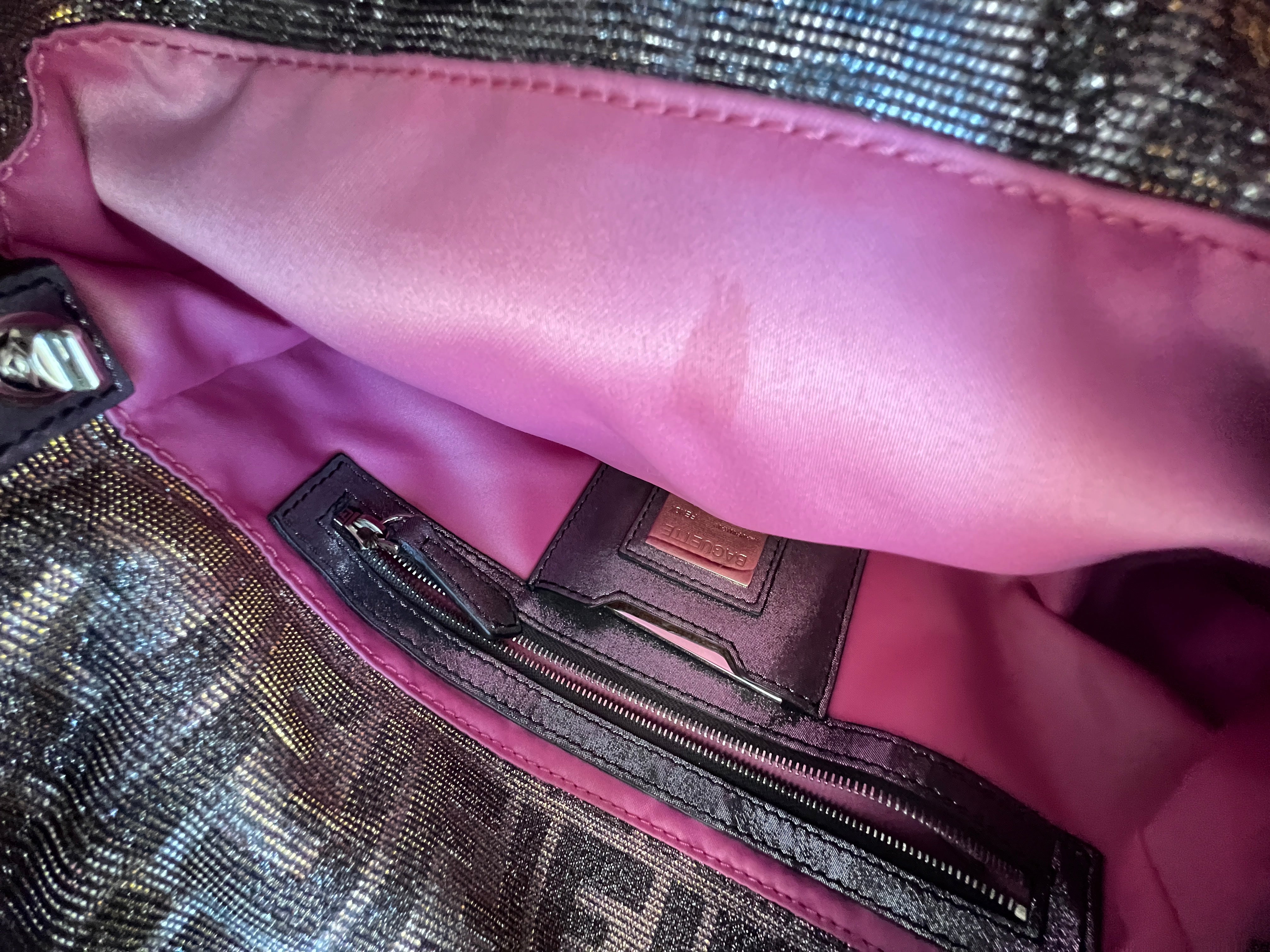 Fendi Silver Shimmering Zucca Baguette Bag - Luxury Designer Crossbody Purse for Women | Perfect for Evening Parties, Date Nights & Special Occasions