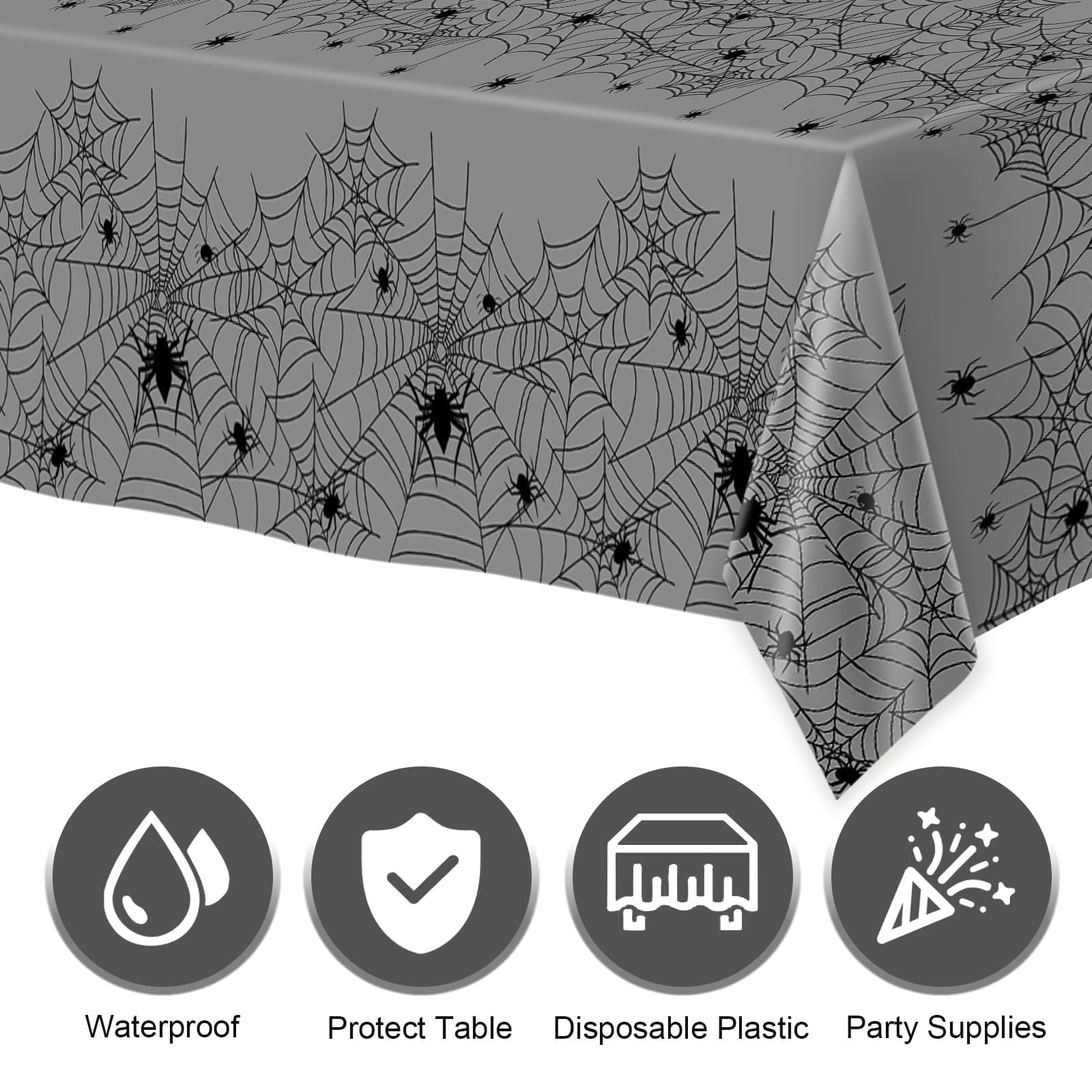 2 Pack Gray Spider Web Halloween Tablecloth - 54 x 108 Inch Disposable Plastic Table Cover for Halloween Party Decor, Scary Themed Party Supplies | Perfect for Dining Tables, Buffet Tables & Spooky Home Decorations