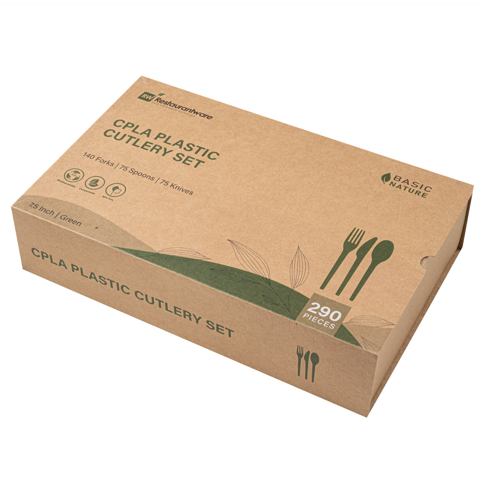 Eco-Friendly Green CPLA Plastic Cutlery Set - 290-Piece Heat Resistant, Compostable Utensils (7.5
