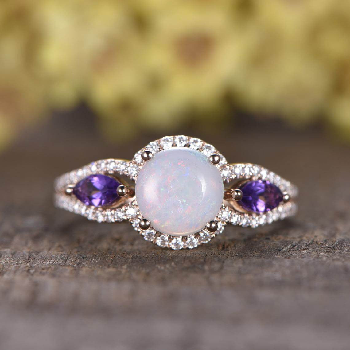 Natural Opal Marquise Amethyst Diamond Engagement Ring for Women - Elegant Wedding Band, Promise Ring & Anniversary Jewelry Gift