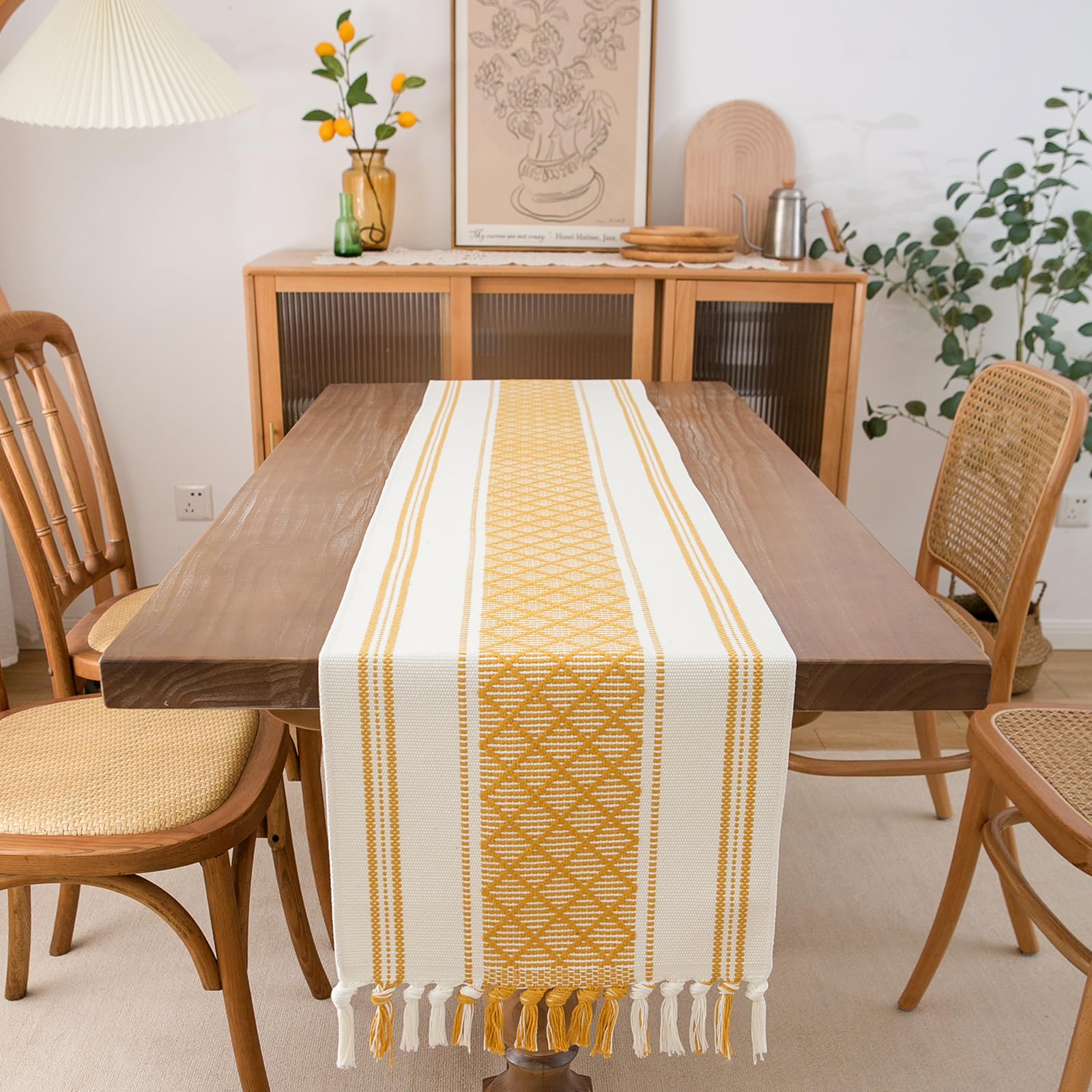 Boho Table Runner 14 x 72 Inches - Farmhouse Style Woven Tablecloth with Yellow & White Hand-Tassels for Wedding Decor, Dining Room Table Decorations, Dresser Decor & Boho Home Decor | Perfect for Rustic Weddings, Farmhouse Dining & Bohemian Home Styling