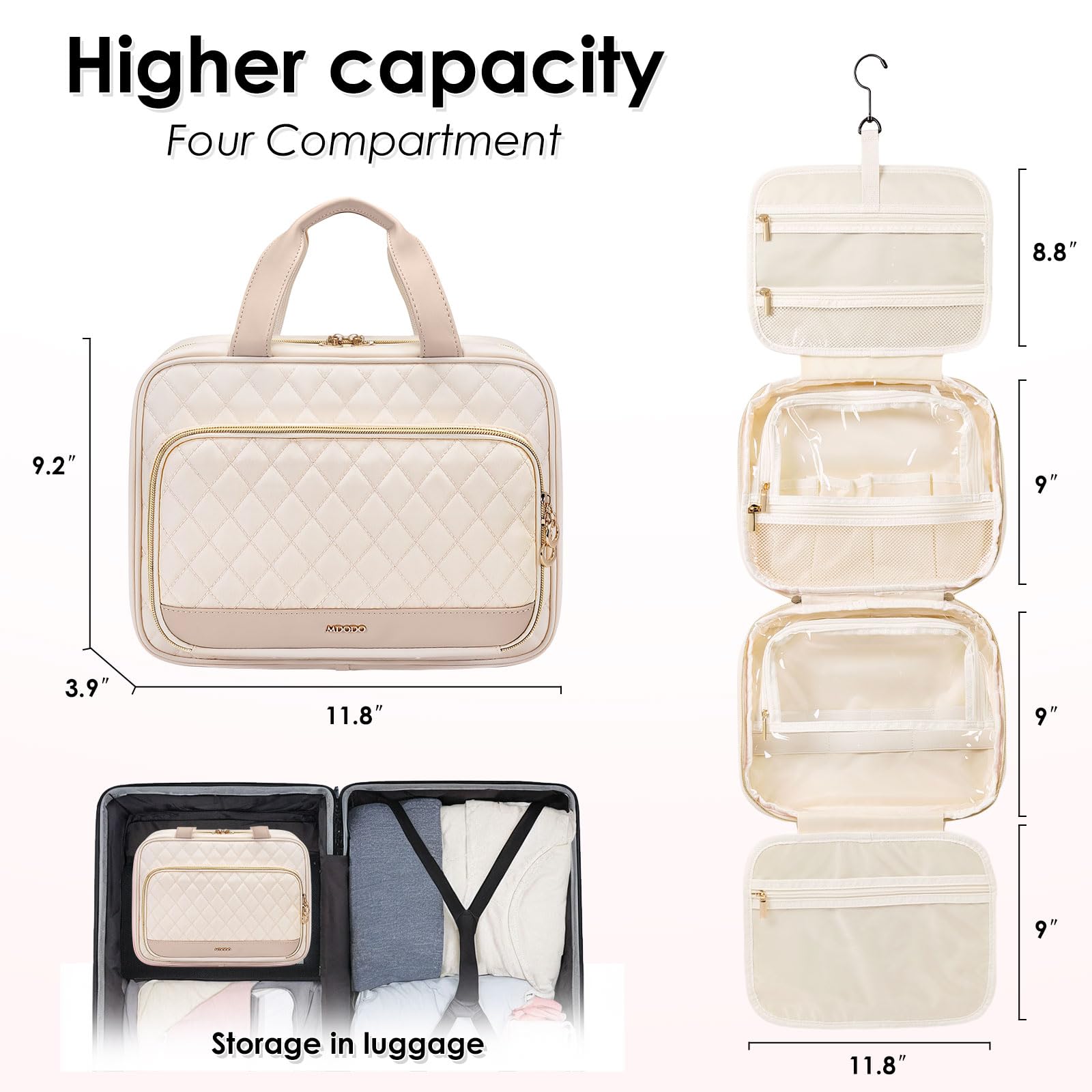 Waterproof Hanging Toiletry Bag for Women Travel - Large Cosmetic Organizer with Multiple Pockets, Makeup Travel Bag Essentials (Beige) | Perfect for Airplane, Gym, Camping & Vacation Trips