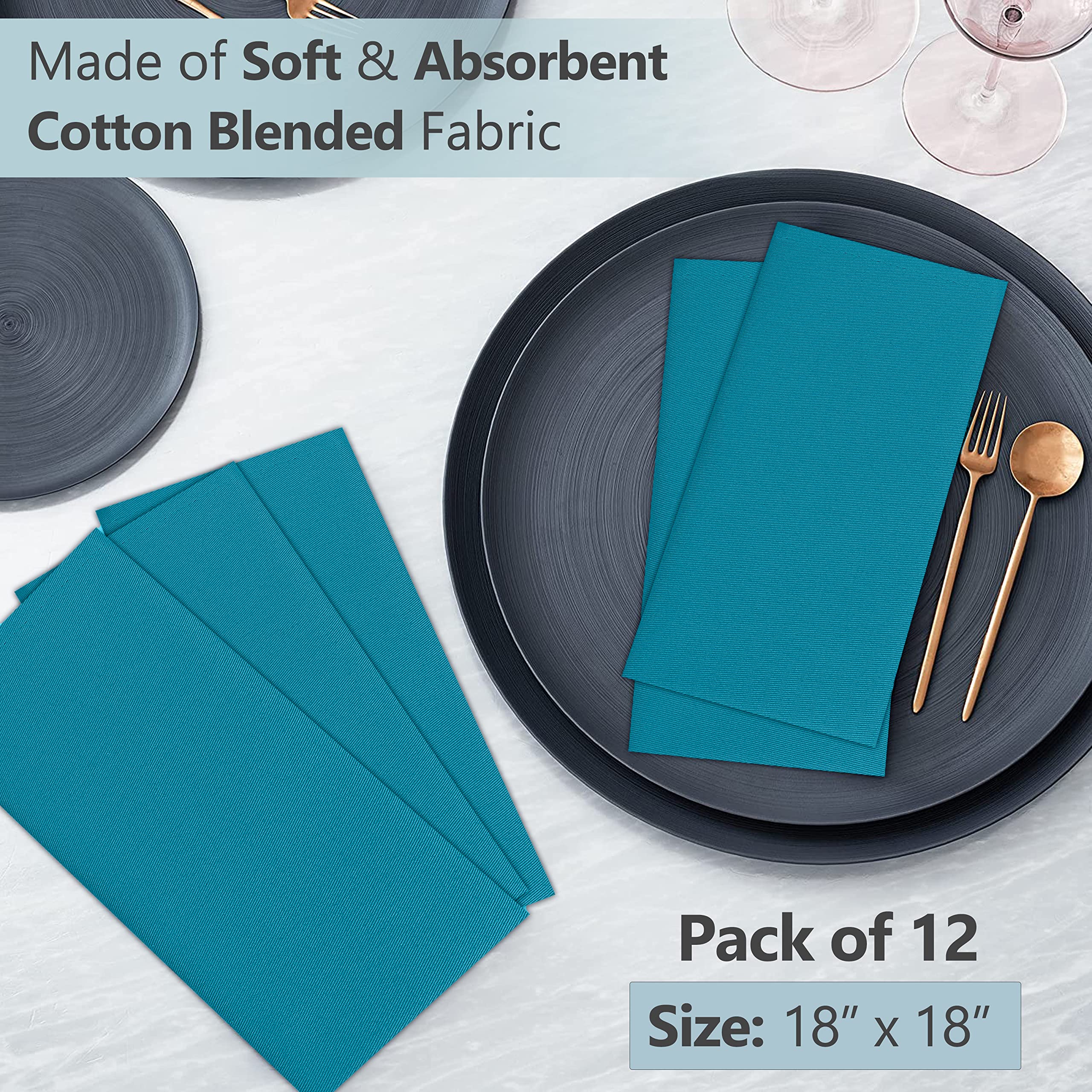 RUVANTI 12-Pack 18x18 Inch Washable Cotton Blend Cloth Napkins - Soft, Durable & Absorbent Dinner Napkins for Restaurants, Weddings, Parties & Everyday Use - Teal Table Linens for Fine Dining & Special Events