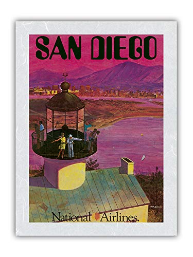 Vintage 1960s Bill Simon National Airlines Travel Poster - Cabrillo Monument Lighthouse San Diego Art Print 12x16 Inch on Premium Unryu Rice Paper - Perfect for Home Decor, Office Wall Art & Aviation Enthusiast Gifts