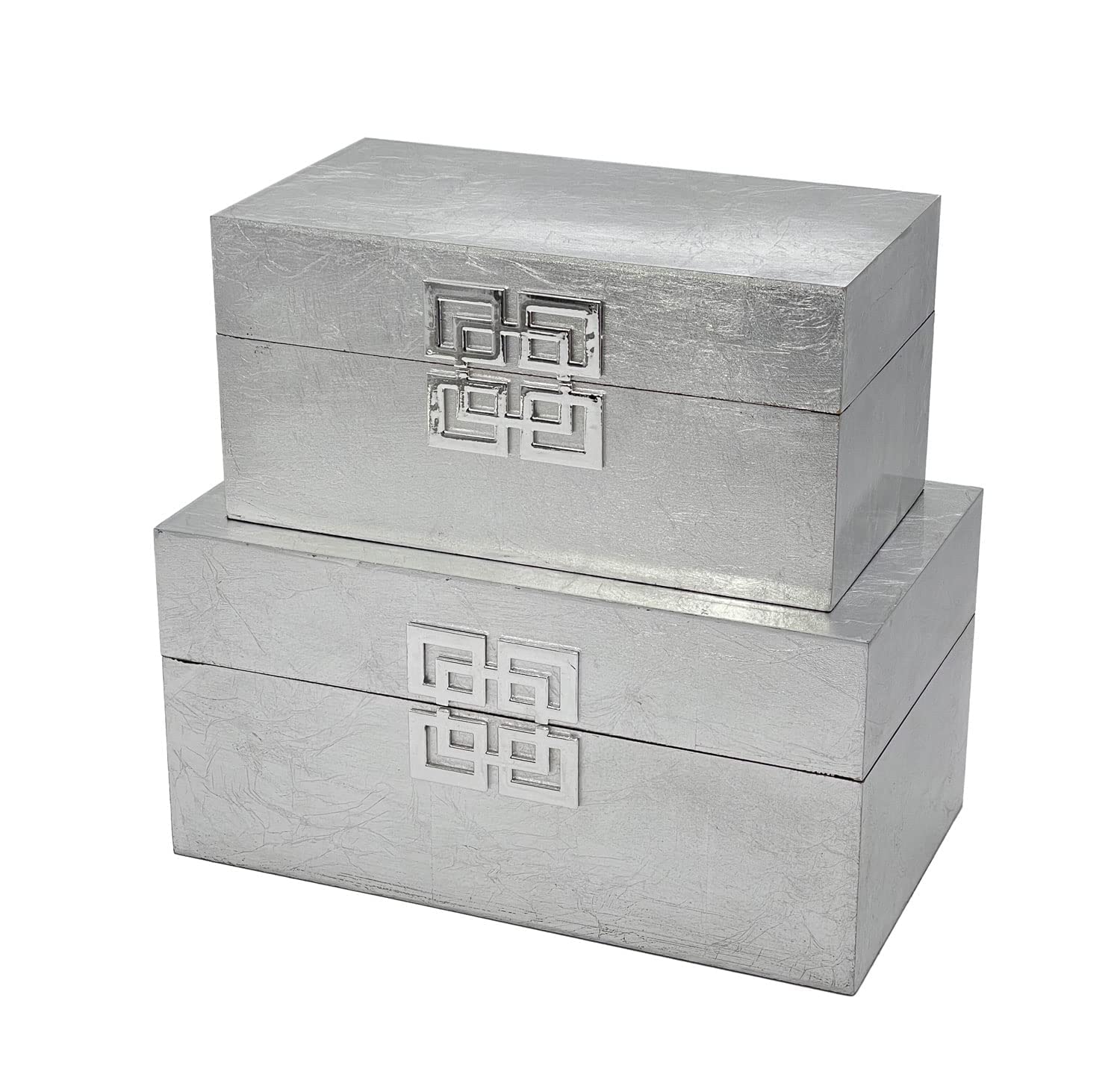 Galt International Wooden Storage Box Set with Hinged Lid - Classic Decorative Storage Box with Geometric Clasp for Bedroom, Living Room & Home Organization - Set of 2 (Silver) - Perfect for Jewelry, Keepsakes & Home Decor Display