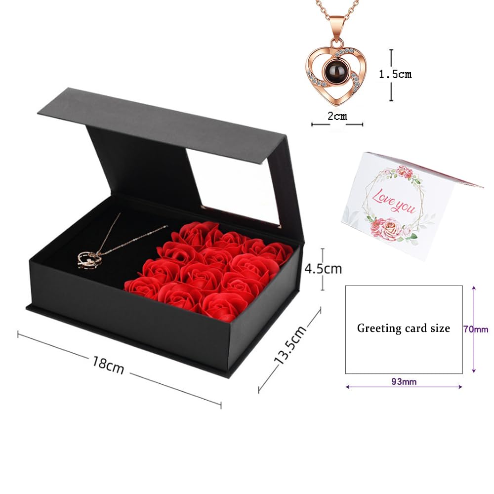 FullGen Preserved Rose Gift Box - Eternal Rose with 'I Love You' Necklace in 100 Languages for Her, 12-Rose Jewelry Box - Perfect Romantic Gift for Valentine's Day, Anniversary, Mother's Day & Christmas - Ideal for Surprise Proposals, Date Nights & Special Occasions