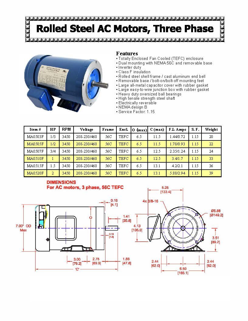 Hallmark Industries MA0505F 1/2 HP 3-Phase AC Motor 3450 RPM 208-230/460V TEFC Foot Mounted - Inverter Duty, Class F Insulation - Ideal for Pumps, Fans & Industrial Machinery (Pack of 1)