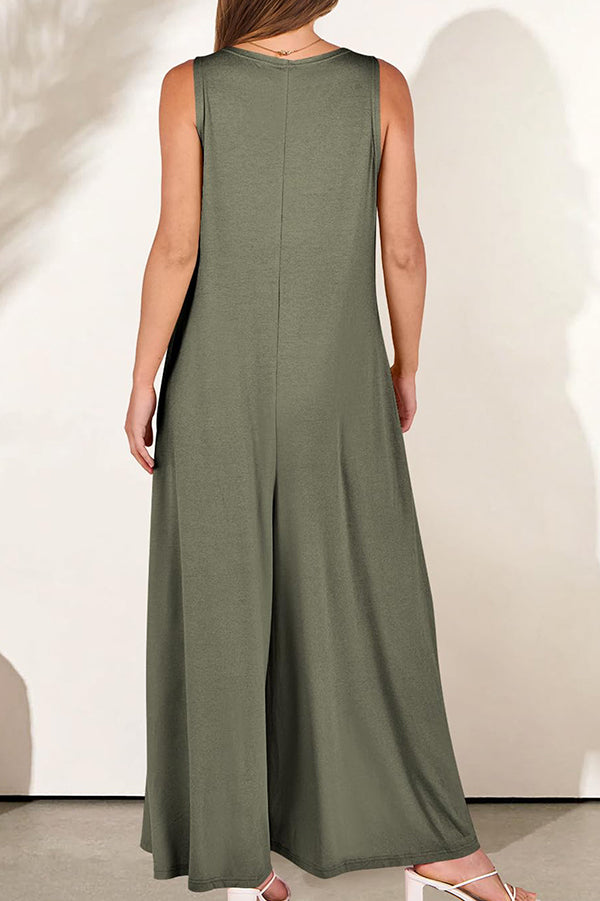Solid Color V-Neck Sleeveless Loose Pocket Wide Leg Jumpsuit for Women - Casual Summer Outfit, Beach Cover Up, Vacation Wear