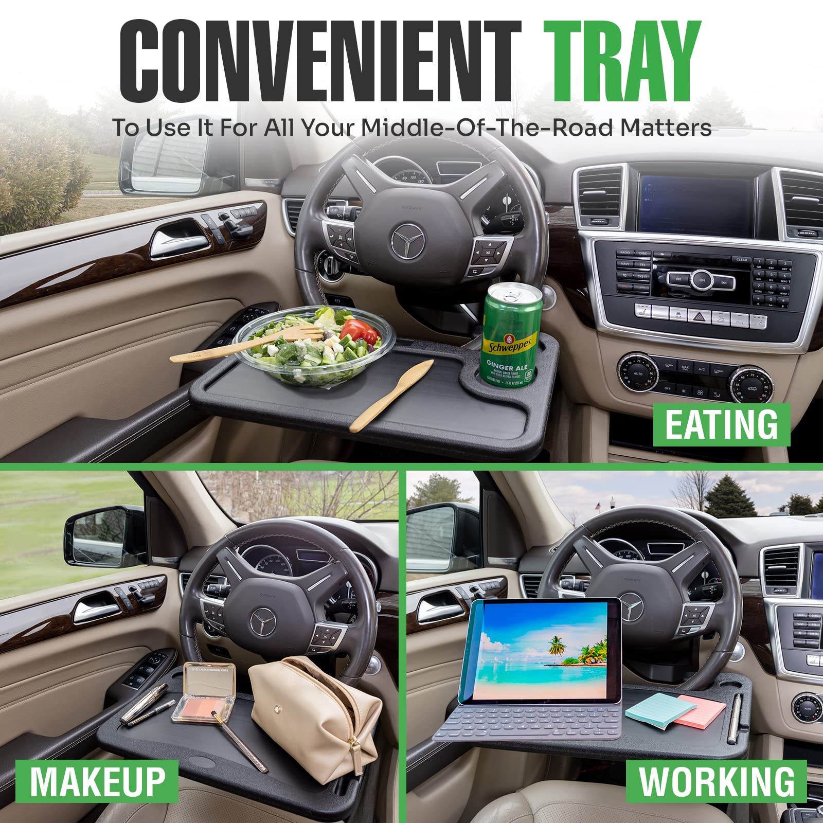 Lebogner Steering Wheel Tray & 4 Pack Car Seat Headrest Hooks - Portable Laptop Desk for Eating, Working & Driving | Multi-Function Car Organizer for Road Trips & Commuting