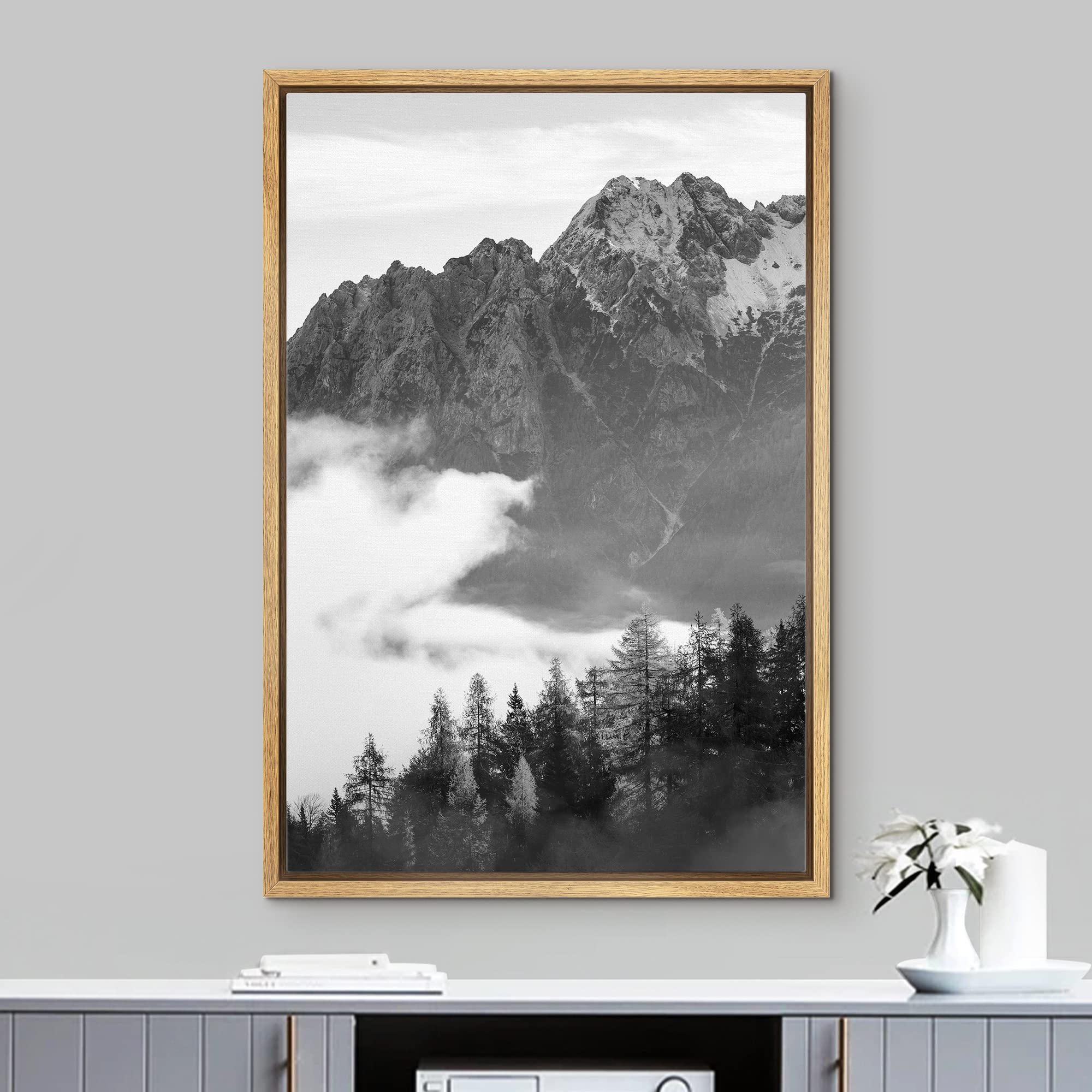 IDEA4WALL Framed Canvas Print - Black & White Mist Over Mountain Forest Valley Nature Art - Woodland Nursery Decor - 16