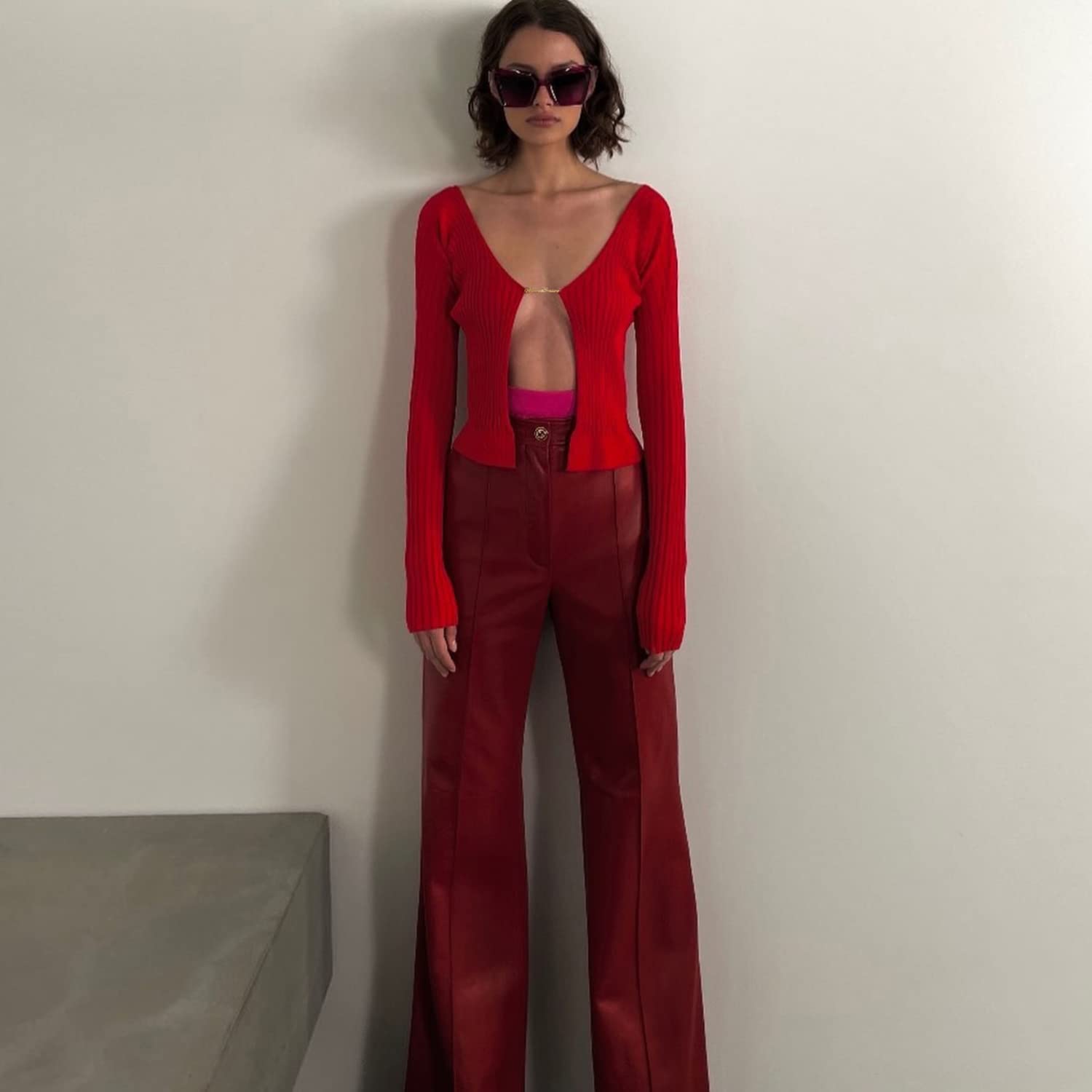 Sexy Open Front Knitted Cropped Cardigan for Women - Lace Up Long Sleeve Ribbed Sweater Top with Chain Detail | Perfect for Date Night, Layering & Casual Outfits