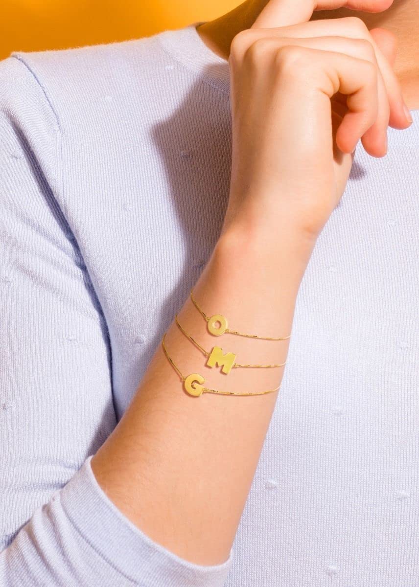 14K Solid Yellow Gold Letter A Adjustable Block Initial Bolo Bracelet - Friendship Jewelry with Drawstring Clasp (9.25