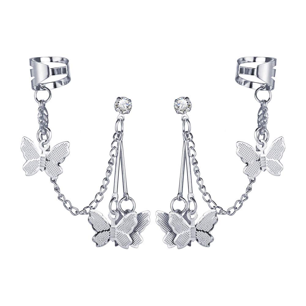 Hypoallergenic Silver Butterfly Chain Tassel Earrings - Long Dangle Drop Ear Cuff Statement Jewelry for Women | Elegant Party, Wedding & Everyday Wear
