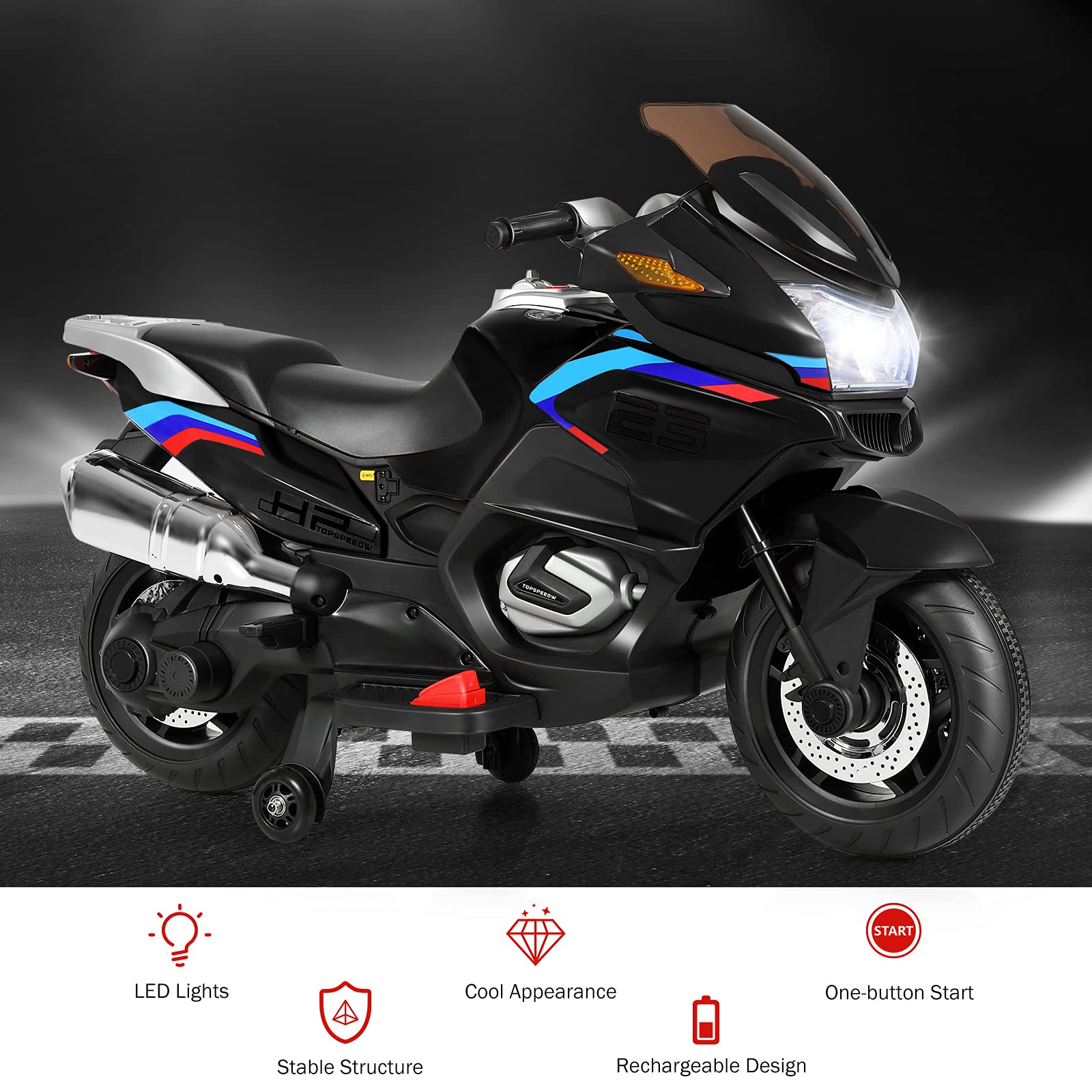 HONEY JOY 12V Kids Electric Motorcycle with Training Wheels & LED Lights - Battery Powered Ride On Toy for Boys Girls Ages 3+ - Spring Suspension, Foot Pedal - Perfect Birthday Gift & Outdoor Play (Black)