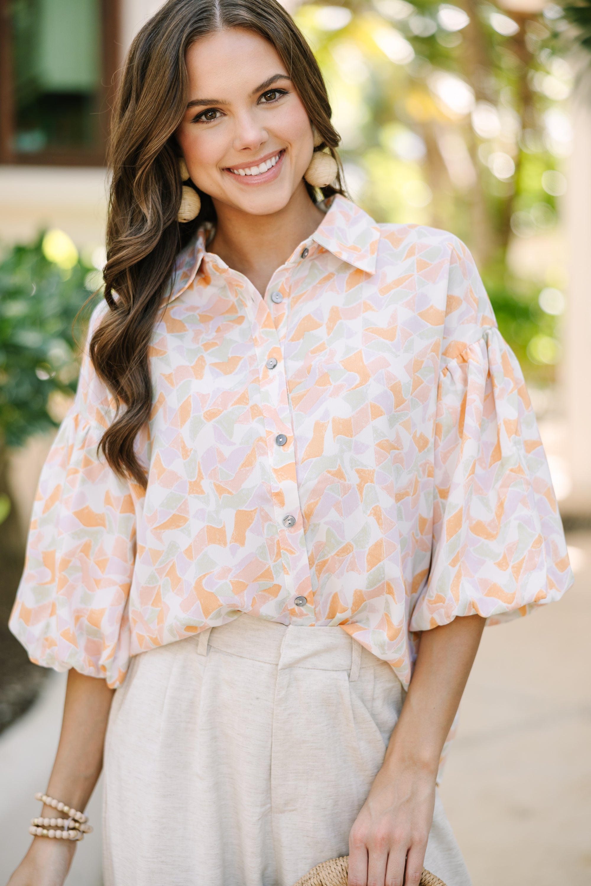 Stylish Peach Pink Abstract Blouse for Women - Trendy Casual & Office Wear - Perfect for Spring Outfits & Summer Fashion
