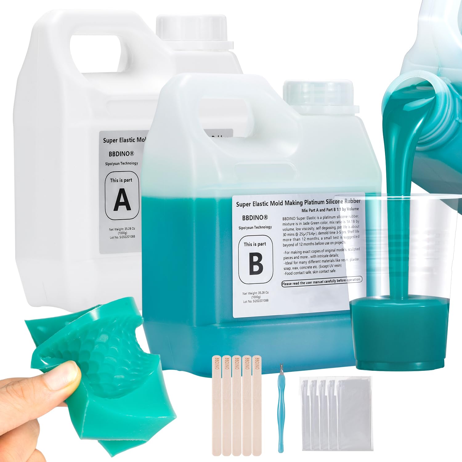BBDINO 70.56 Oz Super Elastic Liquid Silicone Rubber Mold Making Kit - 1:1 Volume Ratio for DIY 3D Resin Casting, Jewelry, Soap & Candle Molds - Jade Green Food Safe Silicone for Arts & Crafts Projects