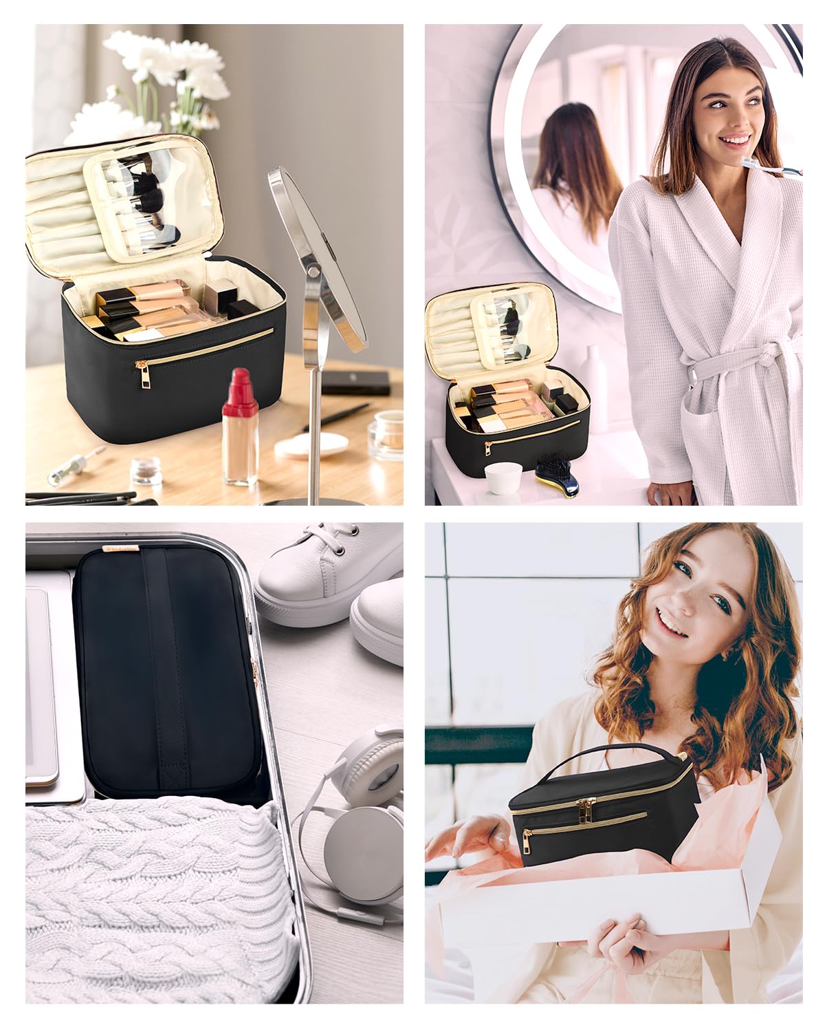 Wandering Nature Large Makeup Bag for Women - Travel Cosmetic Organizer with Brush Holder, Fabric Makeup Case in Black (Patent Pending) - Perfect for Travel, Gym & Daily Beauty Storage