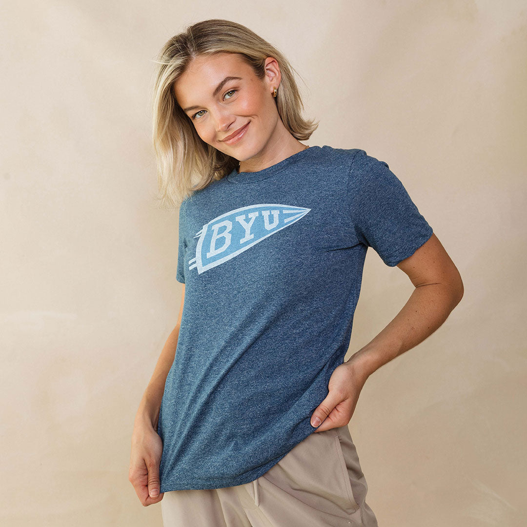 BYU Boyfriend T-Shirt - Navy Blue Tilted Flag Design - Comfortable Casual Wear for College, Game Day & Everyday Outfits