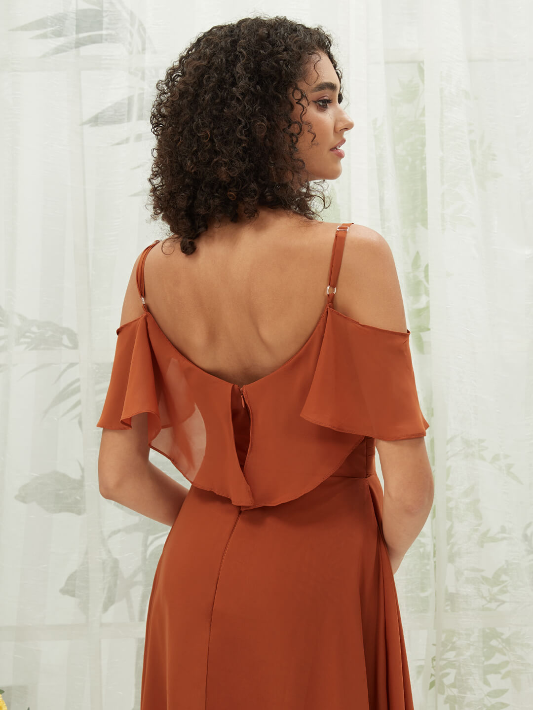 Elegant Burnt Orange Chiffon Ruffle Cold Shoulder Sweetheart Bridesmaid Dress - Perfect for Weddings, Formal Events & Special Occasions