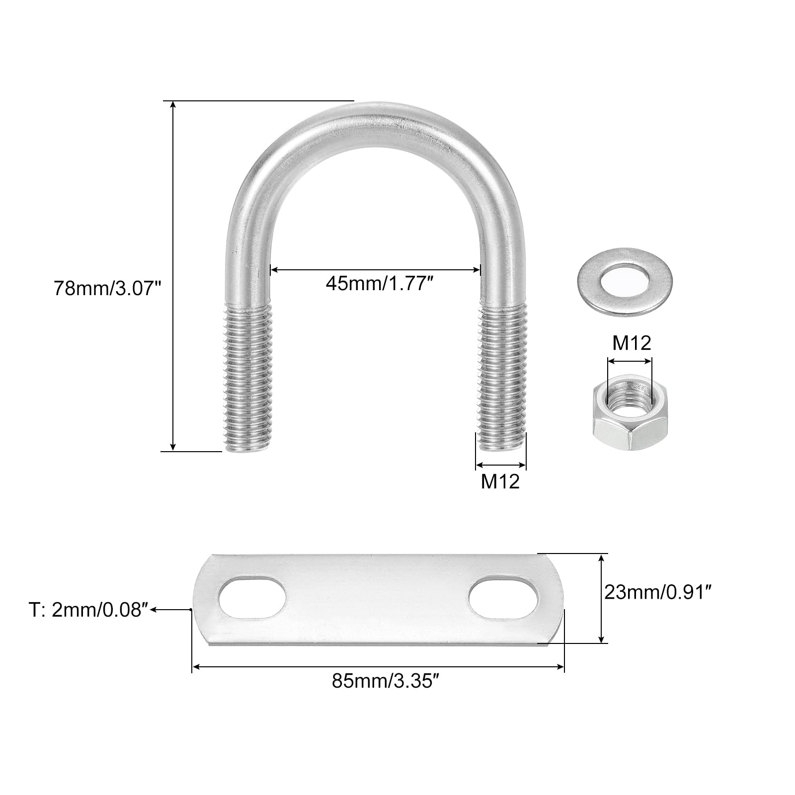 304 Stainless Steel U-Bolts - 8 Sets M12 Round U-Clamps with Nuts & Plates, 45mm (1.77