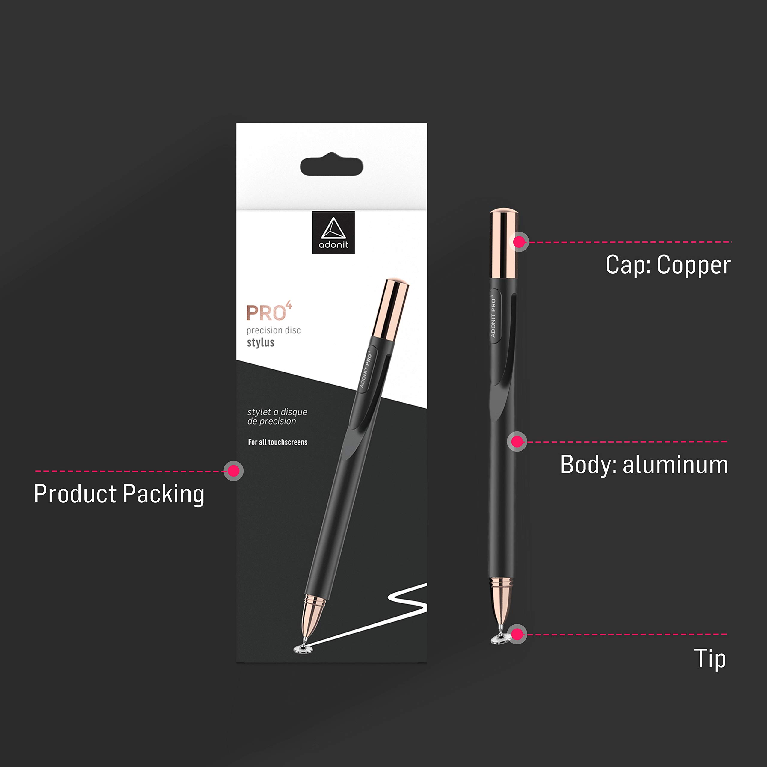 Adonit Pro 4 (Black) Premium Stylus Pen for iPad, iPhone & Android - Ultra Precise Fine Point Stylus with Palm Rejection - Perfect for Drawing, Note Taking & Digital Art on Touchscreen Devices