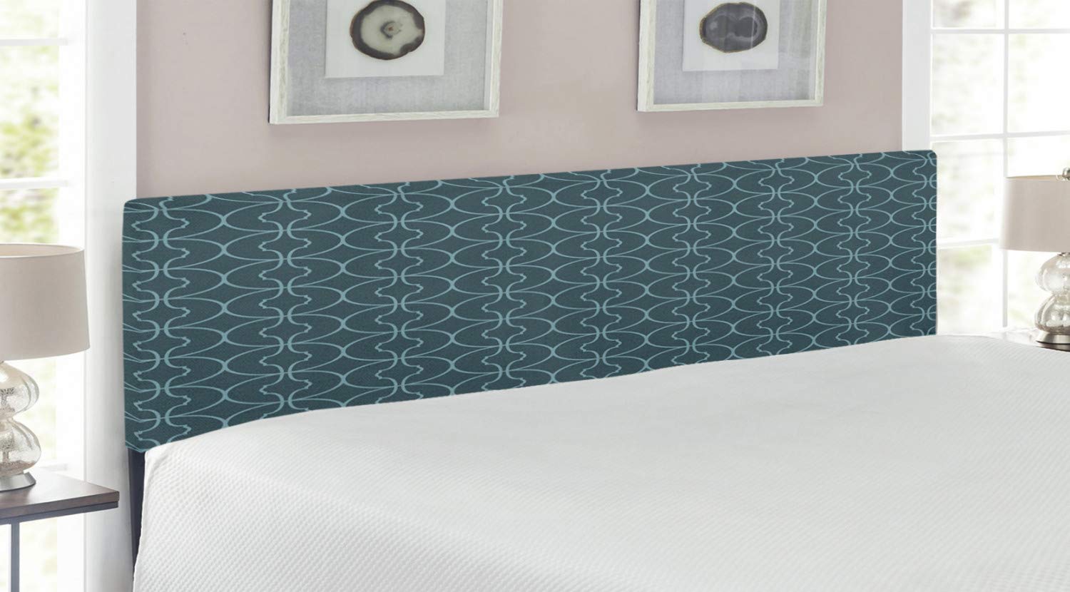 Ambesonne Antique Moroccan Oriental Headboard - Geometric Circles & Corners Print Upholstered Metal Bed Frame with Memory Foam - King Size in Petrol & Sky Blue - Perfect for Bedroom Decor, Guest Rooms & Luxury Home Styling