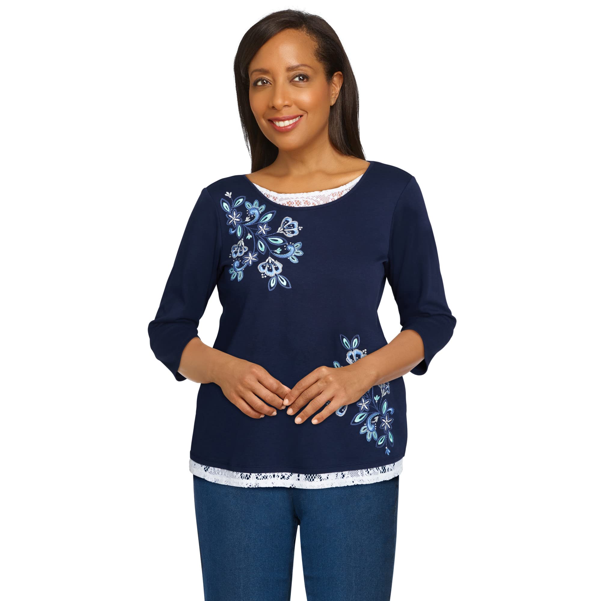 Alfred Dunner Women's Petite Floral Embroidery Blouse with Lace Trim - Floral Print Summer Tops for Casual Wear & Office Outfits