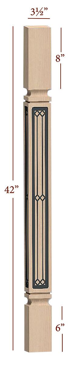 Fast Snap Mission Bar Post with Windsor Metal Inlay - 42 x 3.5 x 3.5 Inches - Durable Wooden Railing for Stairs, Decks & Porches