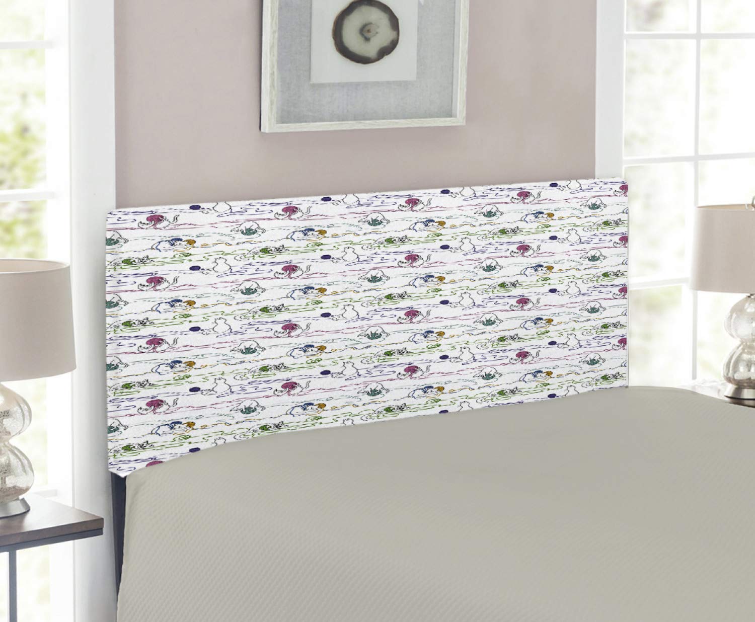 Ambesonne Twin Size Upholstered Metal Bed Headboard with Memory Foam - Hand Drawn Kitten Design Featuring Playful Cats with Colorful Yarn Balls | Perfect for Kids' Rooms, Cat Lovers' Bedrooms & Whimsical Home Decor