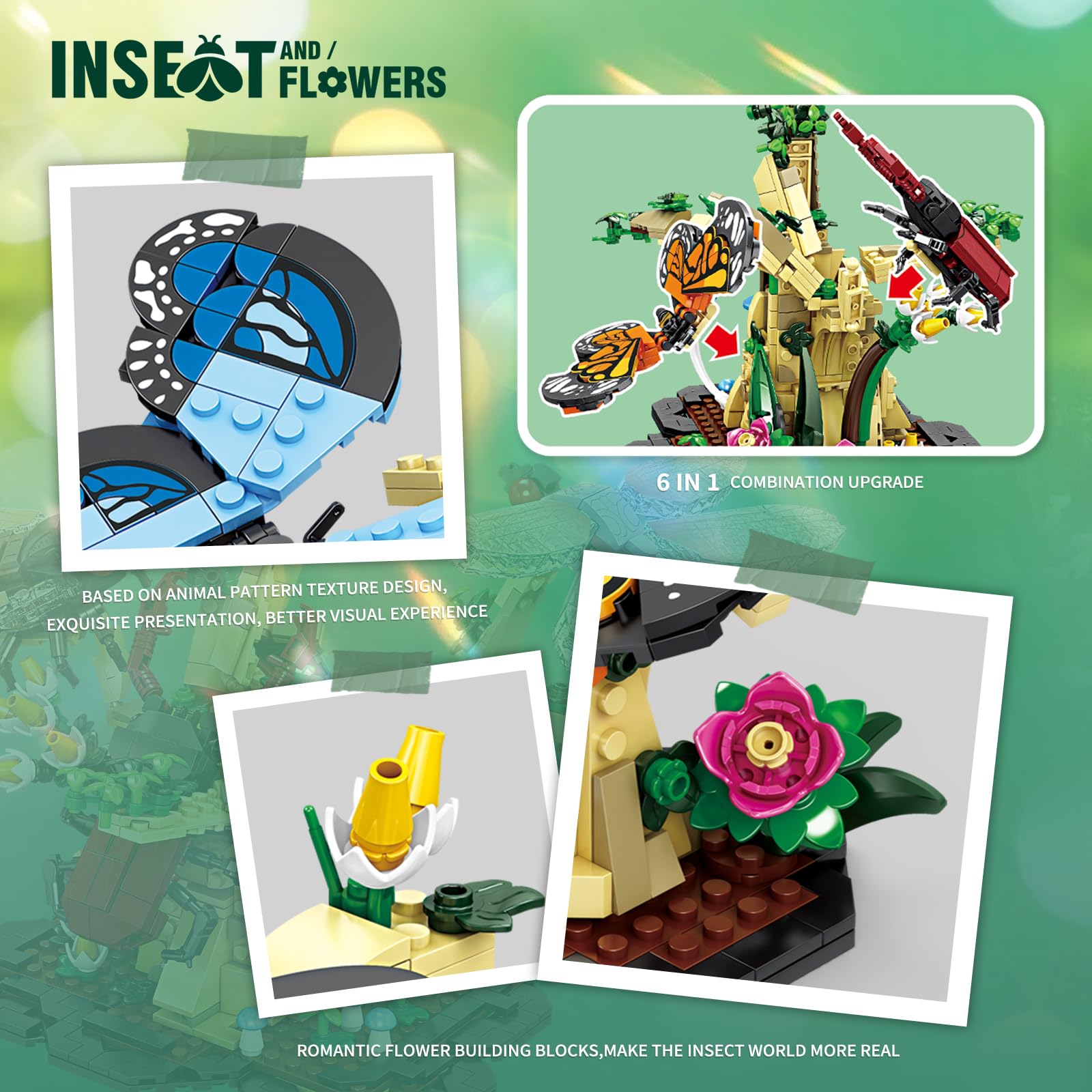 1029-Piece Insect Collection Building Set - 6-in-1 Lego-Compatible Bug Toys (Butterfly, Dragonfly, Beetle, Cicada) - STEM Educational Gift for Nature Lovers & Kids - Perfect for Science Projects, Home Decor & Creative Play