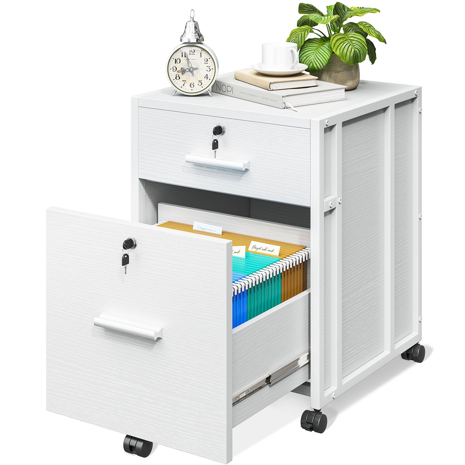 AODK 2-Drawer File Cabinet for Home Office - Fully Assembled Locking Filing Cabinet with Wheels, White - Organize A4/Letter Documents in Style | Perfect for Small Spaces & Office Storage Solutions