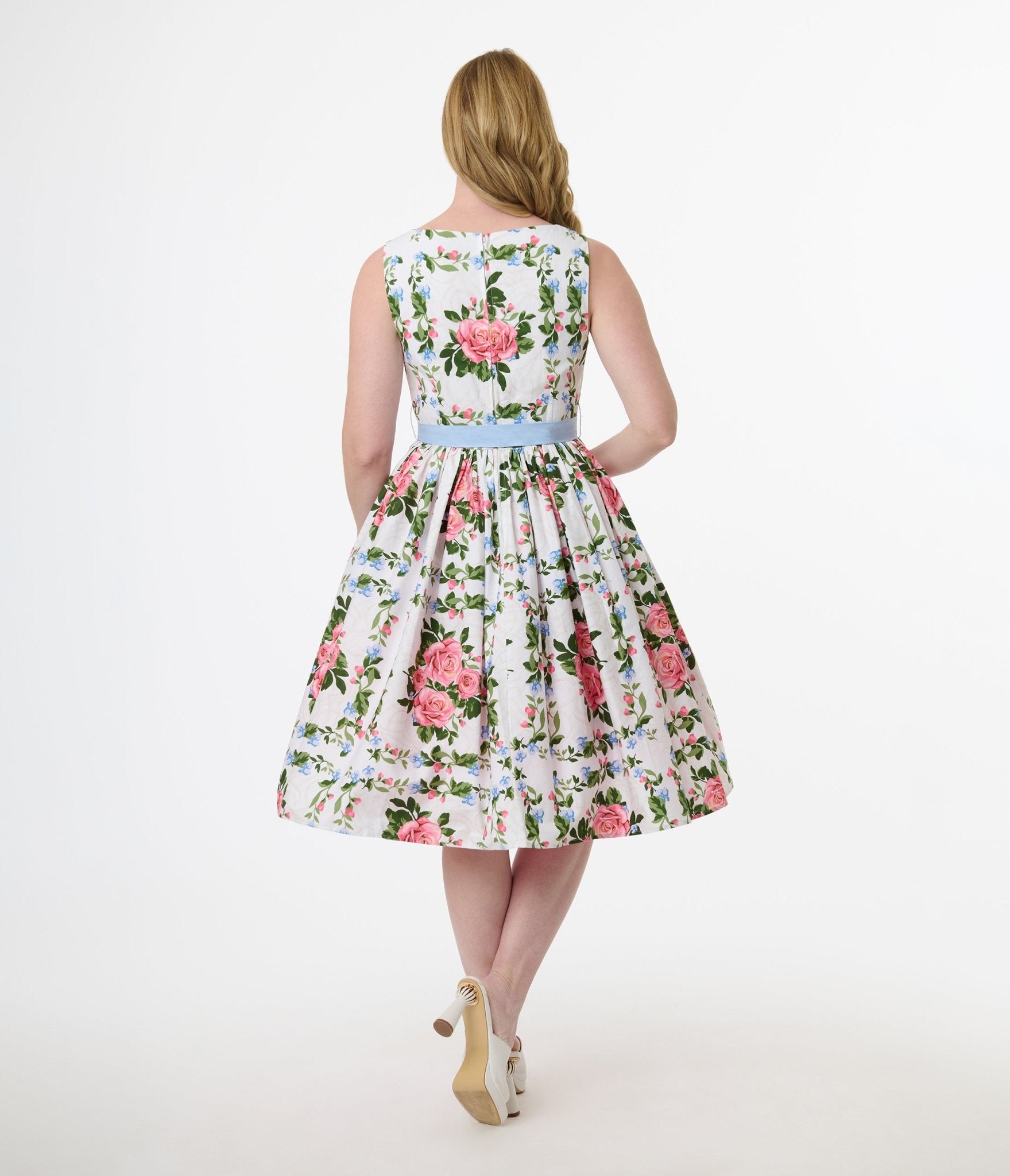 Vintage 1950s White & Pink Rose Floral Swing Dress - Sleeveless Cotton Summer Dress for Women | Retro Cocktail Party, Wedding Guest, Tea Dress, Pinup Style Outfit