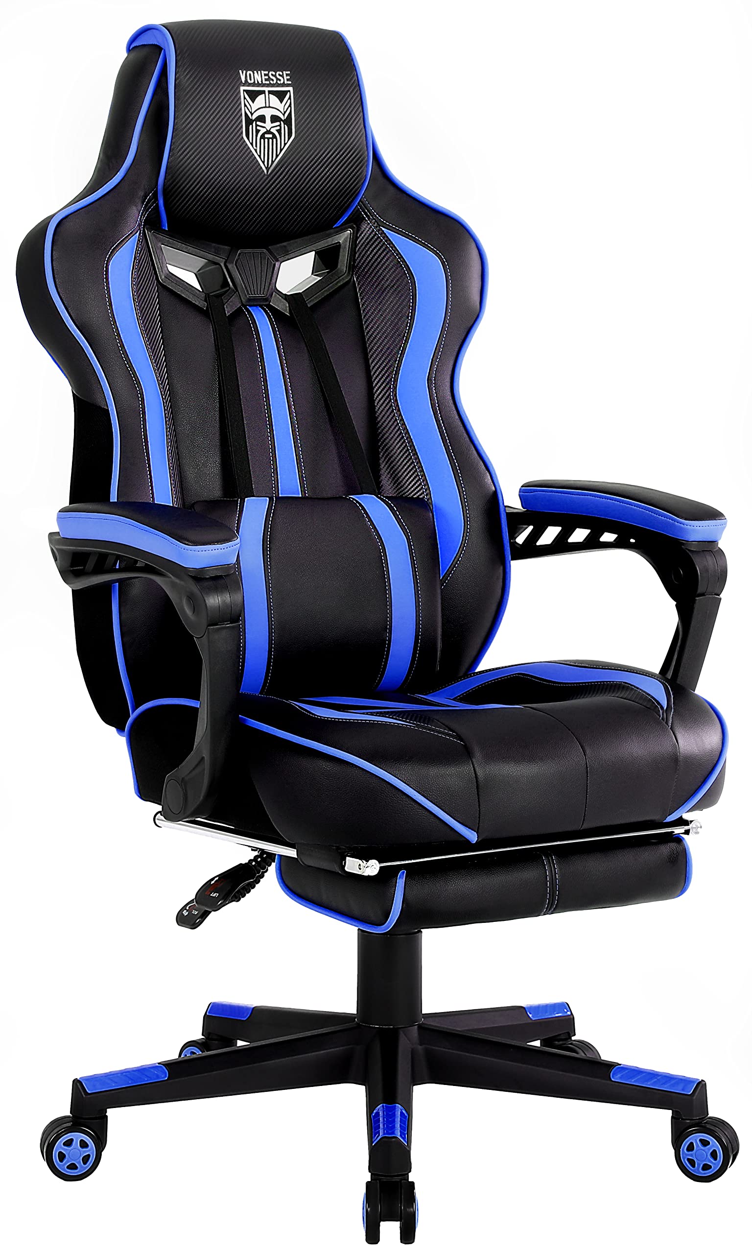 Vonesse Ergonomic Gaming Chair with Footrest & Massage - Reclining Computer Chair for Big & Tall Adults up to 300LBS - Blue PC Gamer Chair for Heavy People - Perfect for Esports, Streaming & Home Office
