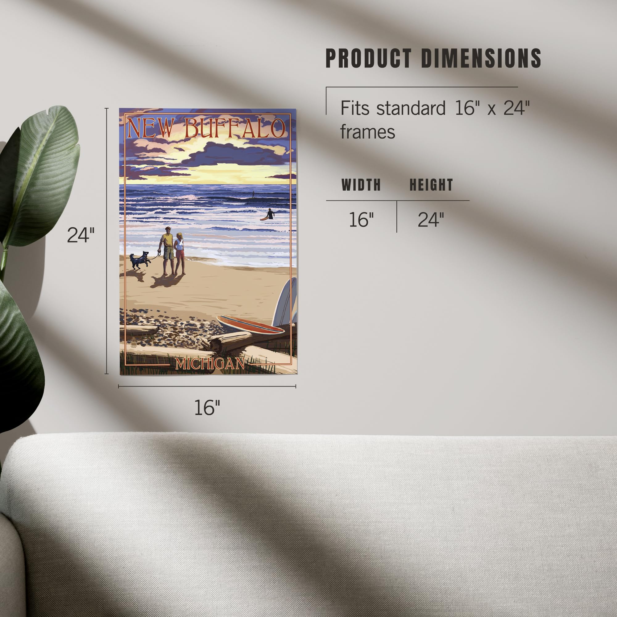 Lantern Press 16x24 Inch Giclee Print - New Buffalo Michigan Sunset Beach Art with Surfboards | Wall Decor for Living Room, Bedroom & Office